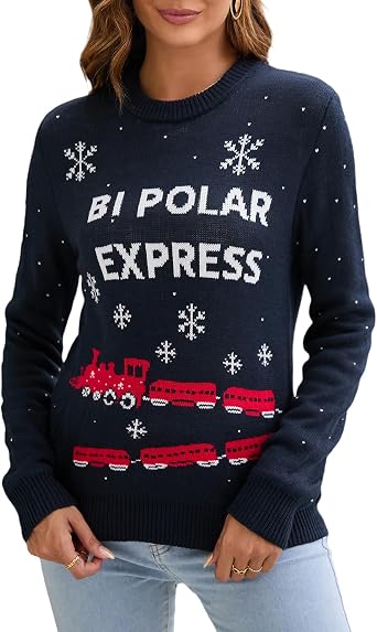 LUBOT New Ugly Christmas Sweaters for Women Cute Fuzzy Funny Wintertime and Holiday Parties Knitted Pullover Sweater Train Medium