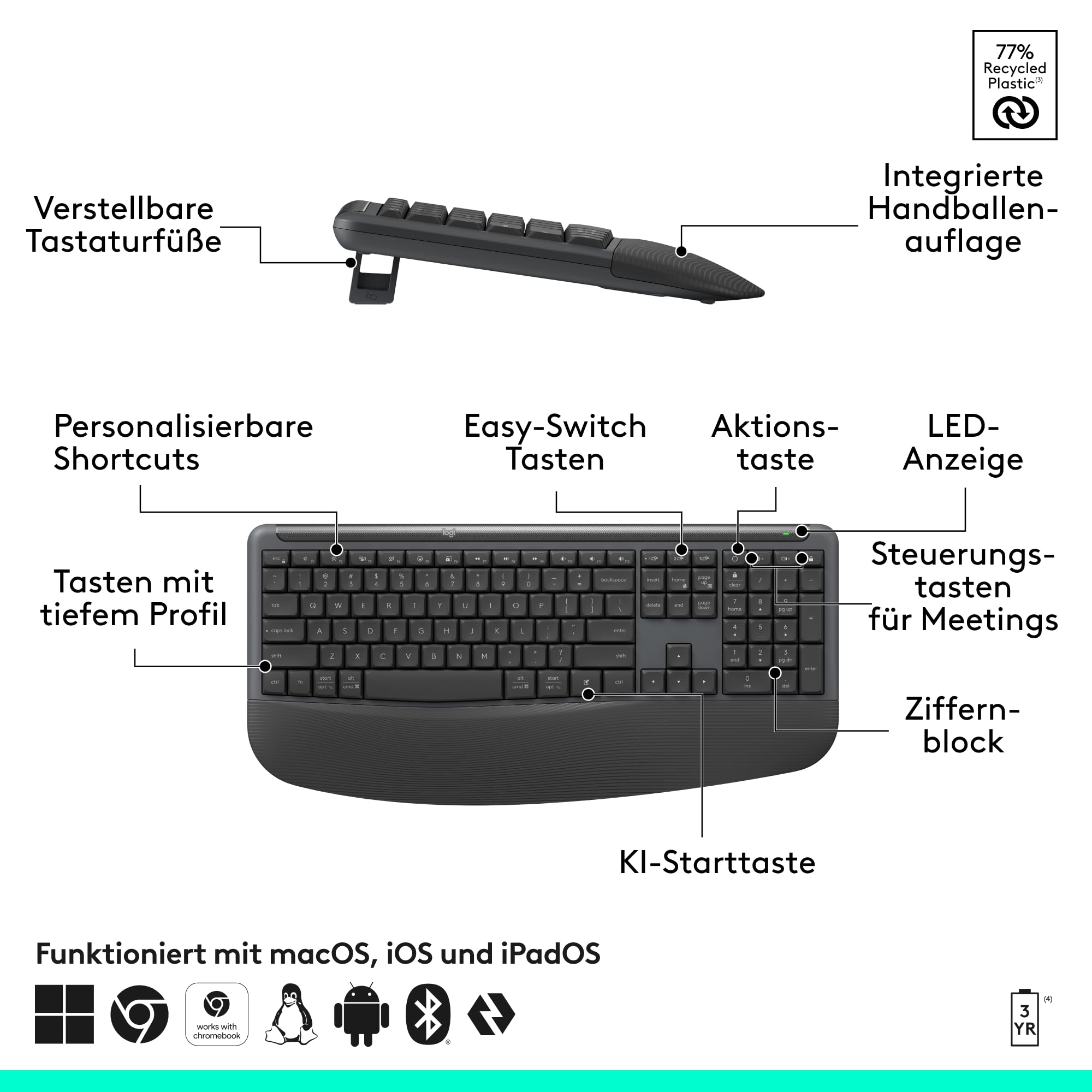Logitech Signature Comfort Plus Combo MK880 for Business | Kabellose Tastatur & Maus, Handballenauflage, leise Klicks, Bluetooth, Windows/macOS, DEU QWERTZ - Graphit