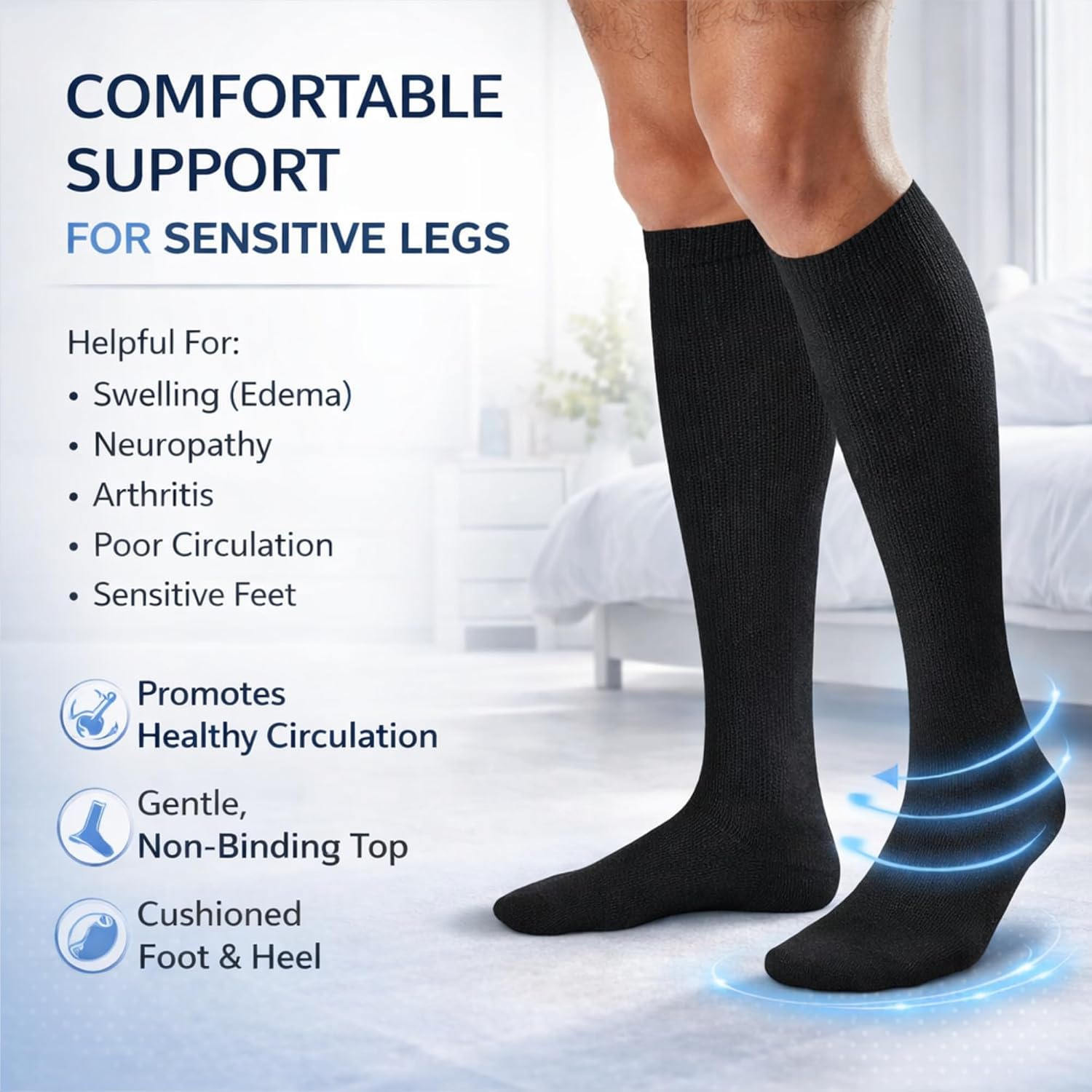 Diamond Star 2 Pairs Diabetic Knee High Socks for Men, Over the Calf | Non-Binding Cotton Socks, Comfortable Fit, Men's Shoe Sizes (US, Alpha, Large, Regular, 2 Pairs Black)