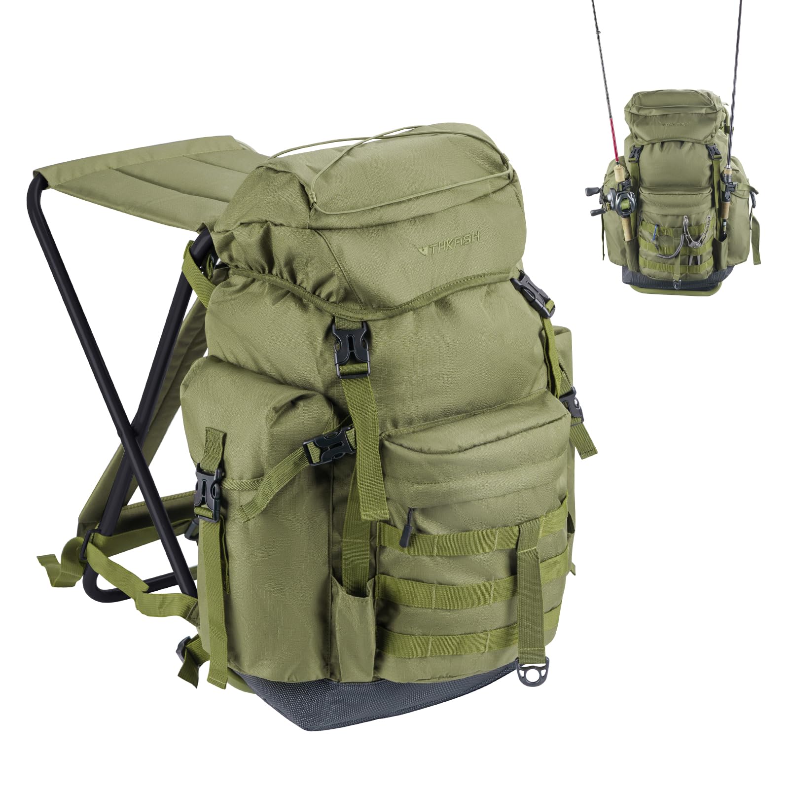THKFISH Fishing Backpack with Foldable Chair, 35L Tackle Box Backpack with Rod Holders Fishing Storage Bag Portable Stool for Outdoor Fishings, Camping, and Hunting, Green, Large