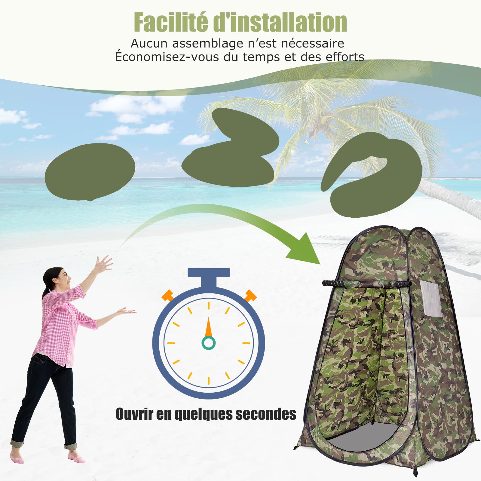 GYMAX Tente à Langer 1 Personne 120x120x190CM, Tente Pop Up, Toilette Portable avec Fenêtre, Sac de Rangemnt, Fermetures Éclair, Cadre en Acier, pour Extérieur, Camping, Randonnée, Pêche (Camouflage)