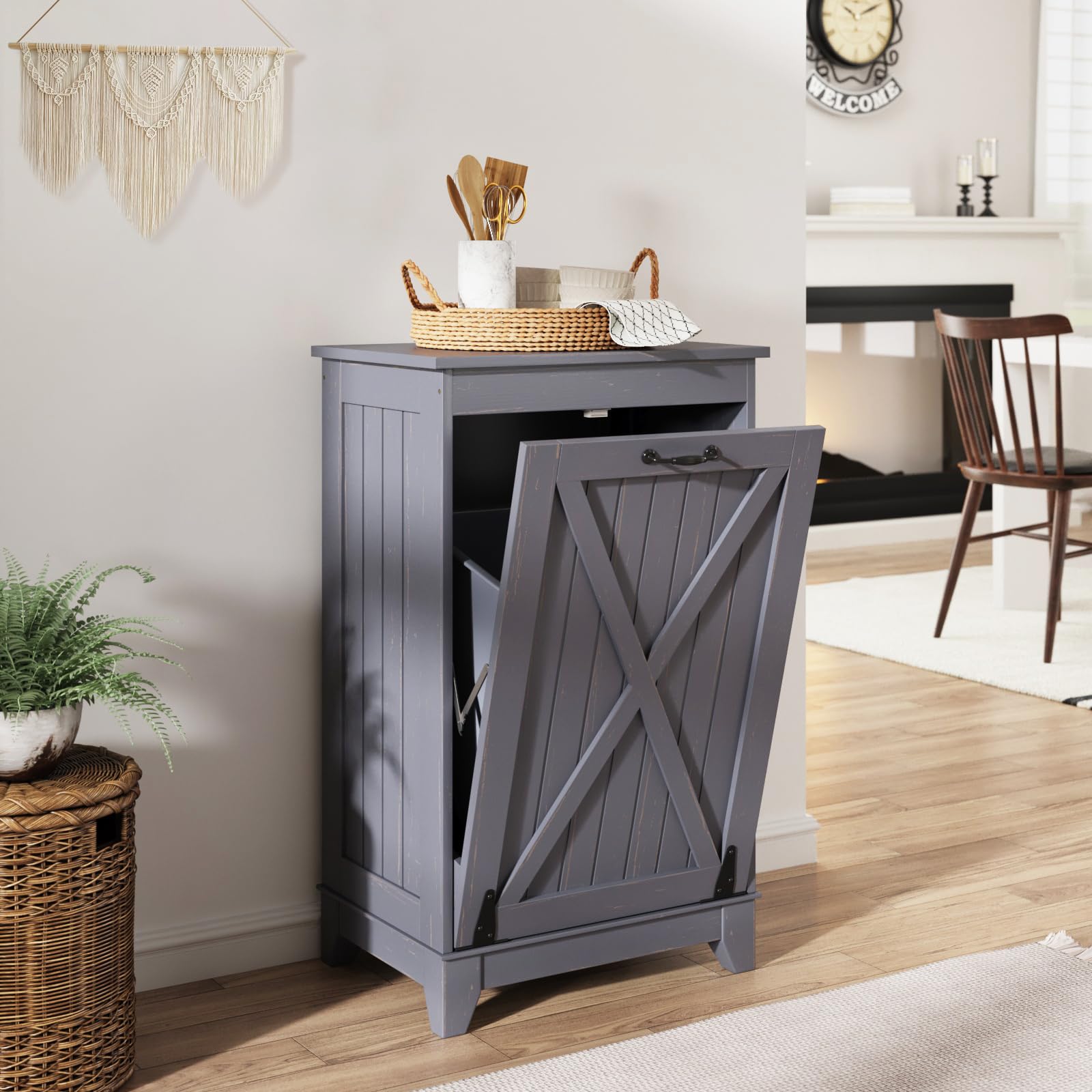 Solid Wood Tilt Out Trash Can Cabinet for 10 Gallon Trash Can, Farmhouse Kitchen Island Bin Cabinet for Hidden Laundry Basket, Freestanding Dog Proof Garbage Can for Barthroom, Garden, Patio, with