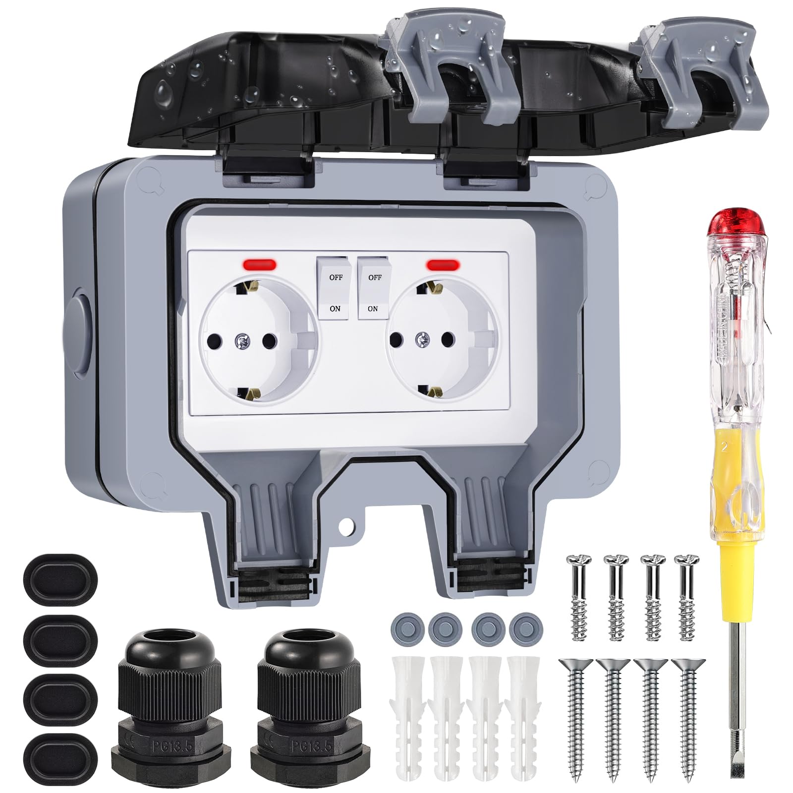 Außensteckdose Wasserdicht 2 Fach Outdoor Steckdose IP66 mit Schalter Kontrollleuchte, Aussensteckdose Wandsteckdose Gartensteckdose mit Abschließbar Klappdeckel für Garten Außenbereich Feuchträume