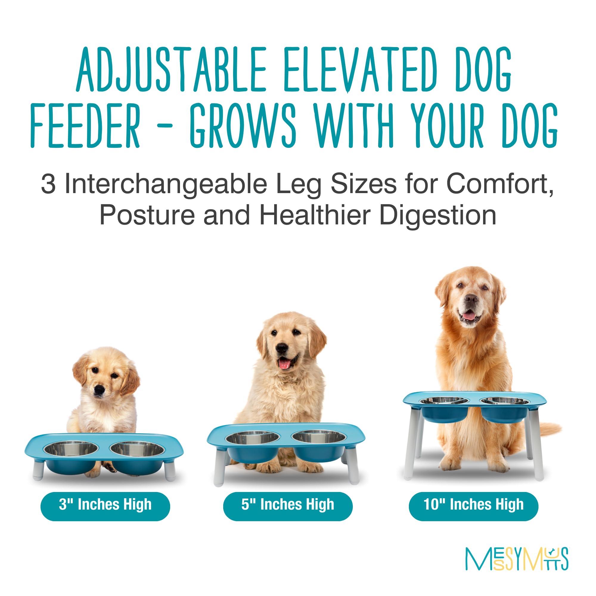 Messy Mutts - Comedero doble para perro con cuencos de acero inoxidable extraíbles y altura ajustable de las piernas, 40 onzas/5 tazas por tazón