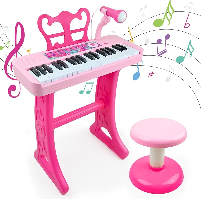 Love&Mini Kids Teclado de juguete para niñas - Juguete de piano rosa de 37 teclas | Piano con taburete y micrófono, instrumento musical electrónico, regalo de cumpleaños de Navidad para niños de 3 años