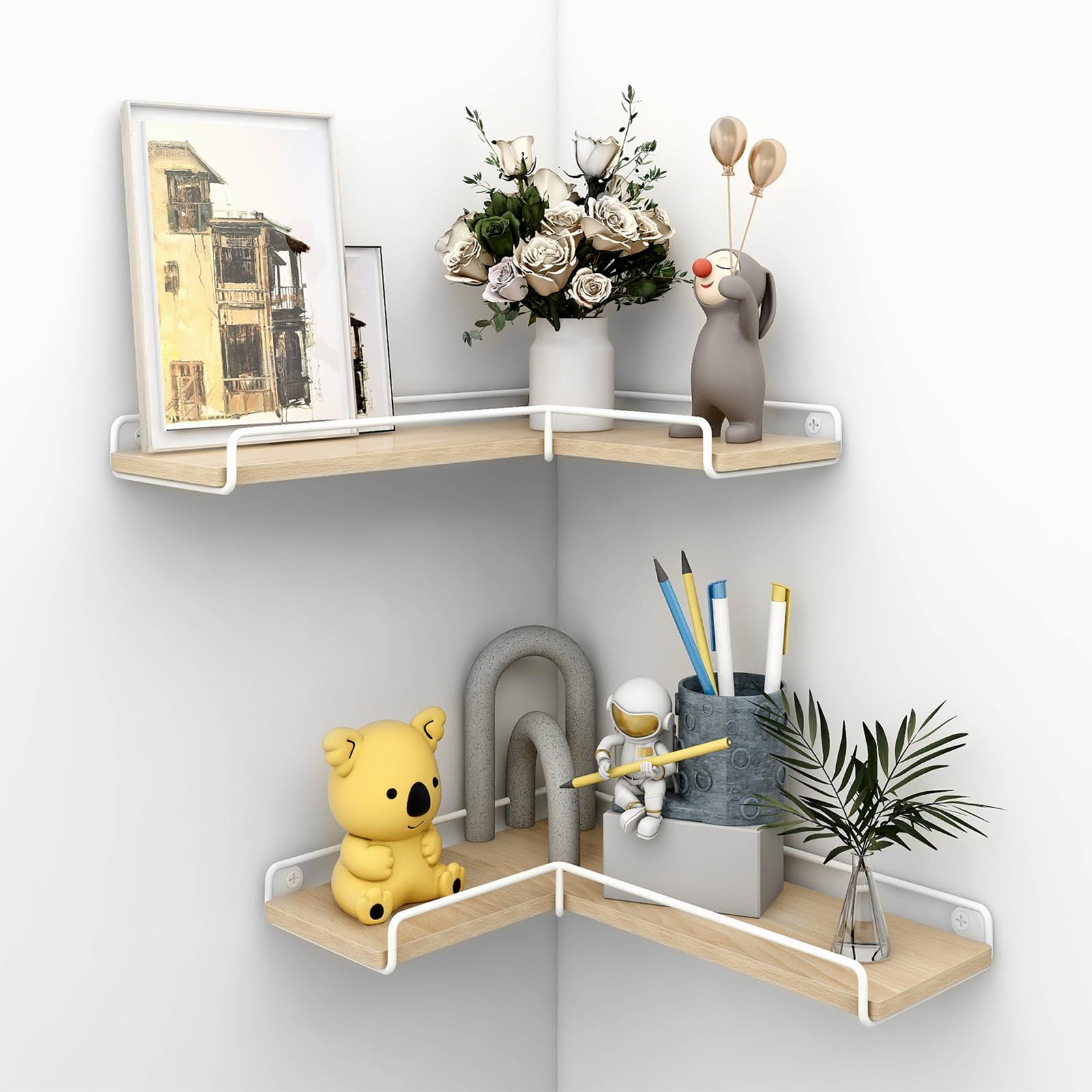 LN COZY CORNER Corner Floating Shelves Set of 2 Rustic Wooden Wall-Mounted L-Shaped Shelves with Metal Brackets Space-Saving Storage for Bathroom Living Room Bedroom Kitchen (Wood)