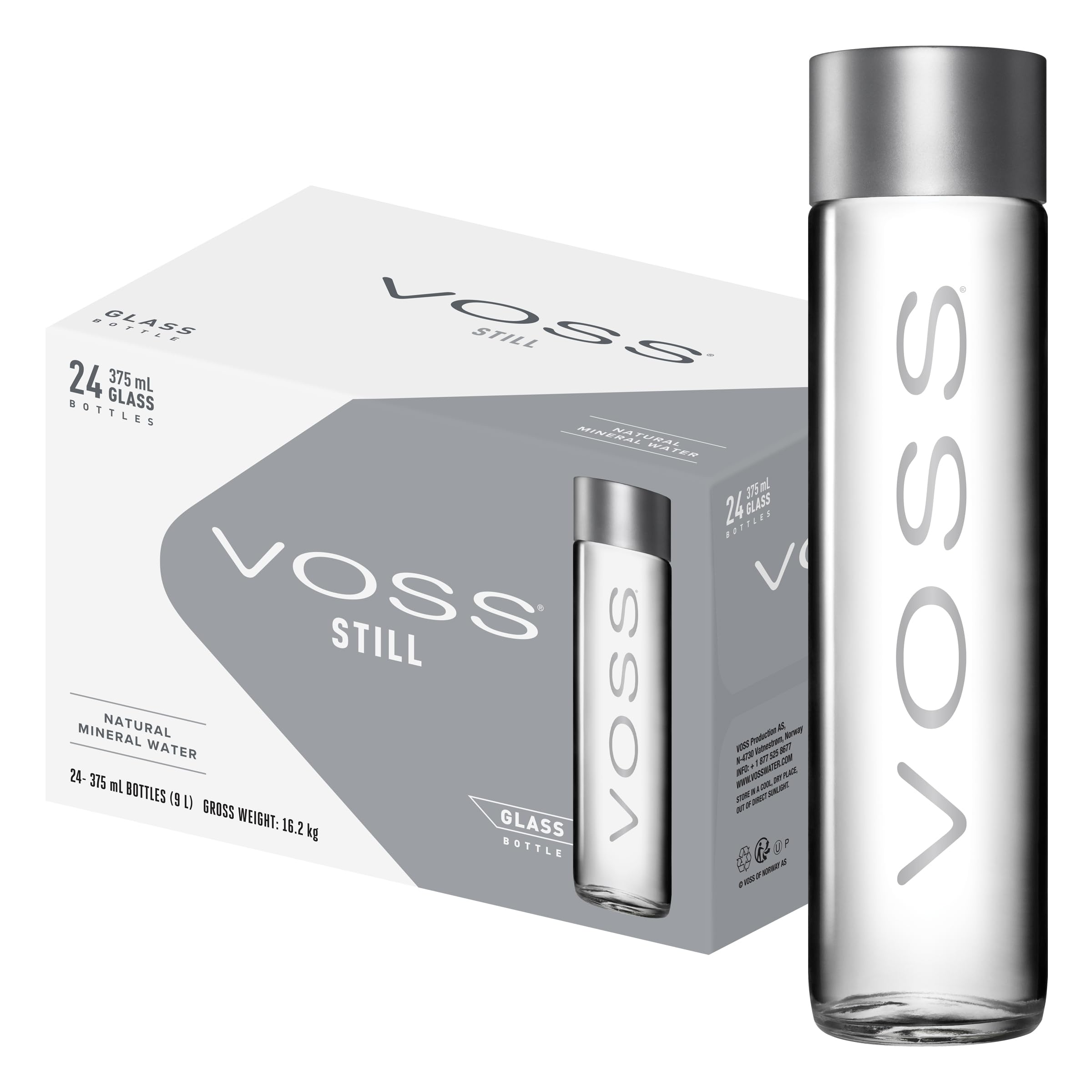 VOSS Agua sin gas, paquete de 24 botellas de vidrio originales VOSS de 375 ml, agua mineral natural