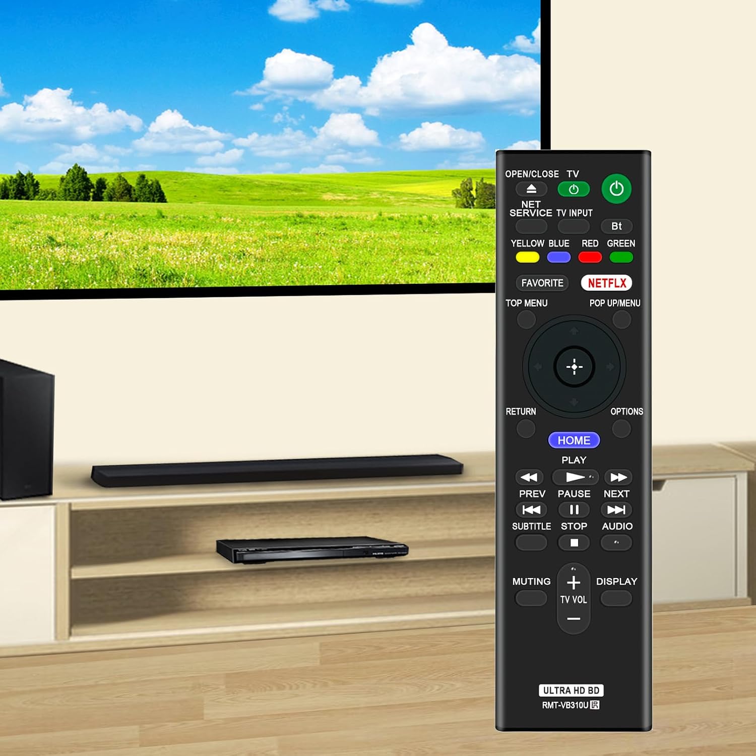 Remote control being used in a living room setting with a Sony Blu-ray player and TV.