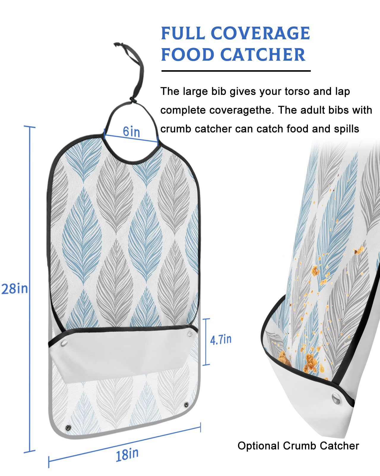 Sabolny Aqua Grey Leaf Adult Bib for Eating with Crumb Catcher,Washable & Waterproof Terry Cloth Adjustable Elderly Women Men Adult Bibs Funny Apron Reusable Clothing Protector Modern Abstract Leaves