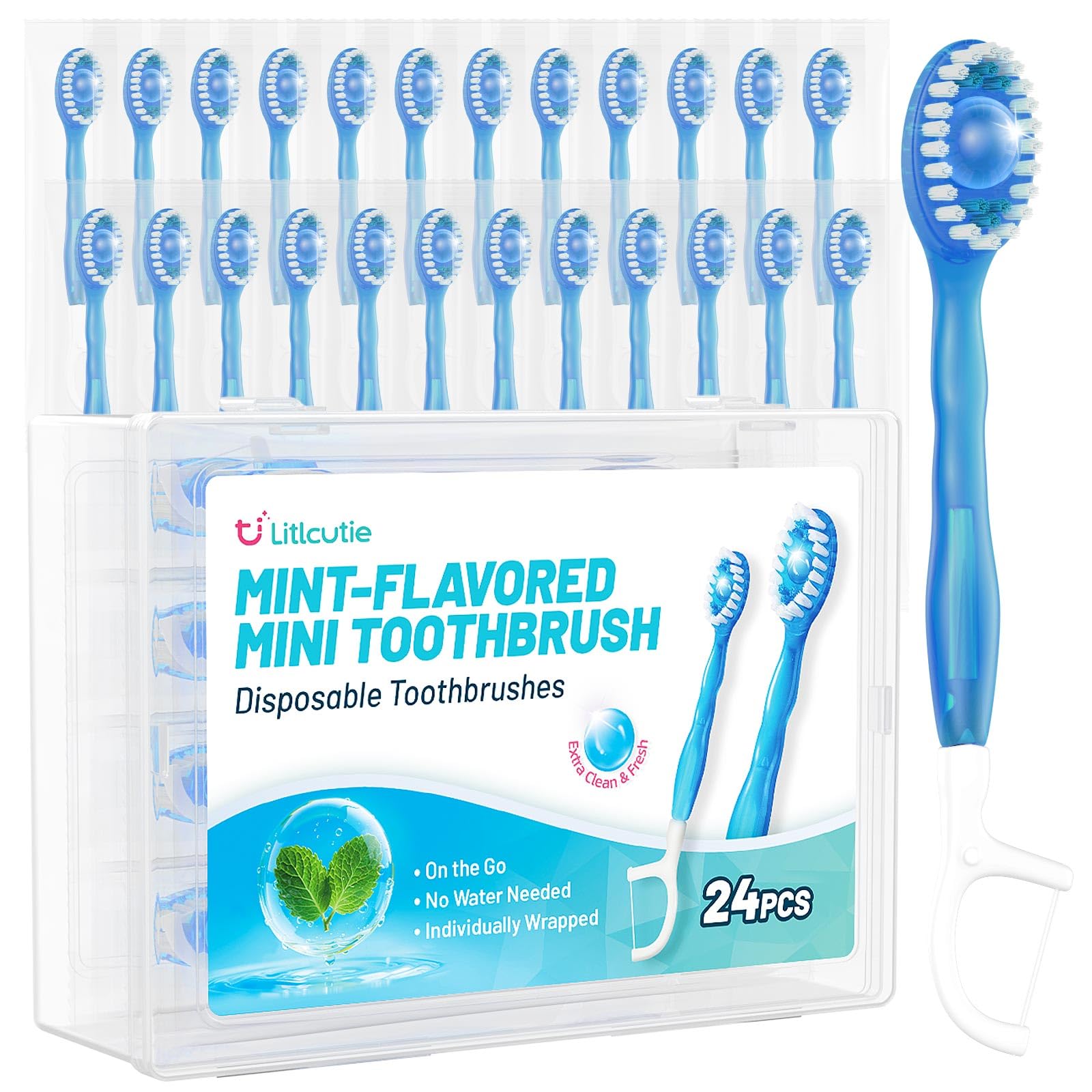 Litlcutie 24 Pack 5 in 1 Disposable Mini Toothbrushes with Toothpaste, Floss, Pick & Tongue Scraper, Individually Wrapped, Portable Toothbrush Travel