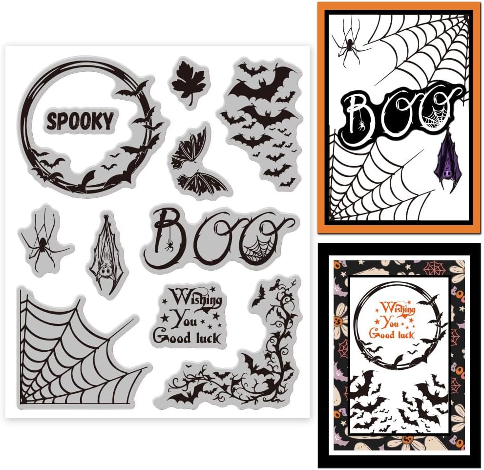 GLOBLELAND Spider Web Border Cling Rubber Stamp 7.09x8.66inch Halloween Bat Border EVA Stamps Embossing Stamp Seal Rubber Stamps for DIY Scrapbooking and Card Making Paper Craft Decor