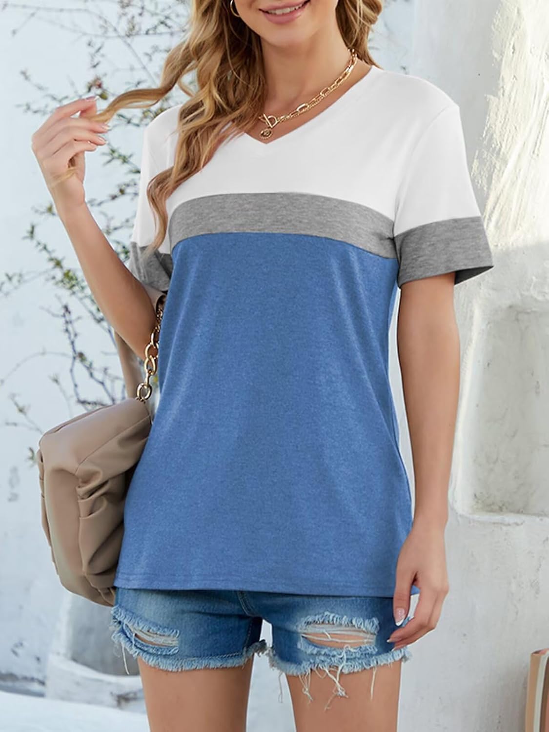 Minetom Women's Color Block/Solid Tops Short Sleeve V Neck T Shirts Summer Casual Tees - Image 5