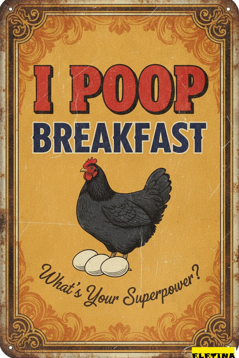I Poop Breakfast Chickens Tin Sign, 8x12 Inch Decor