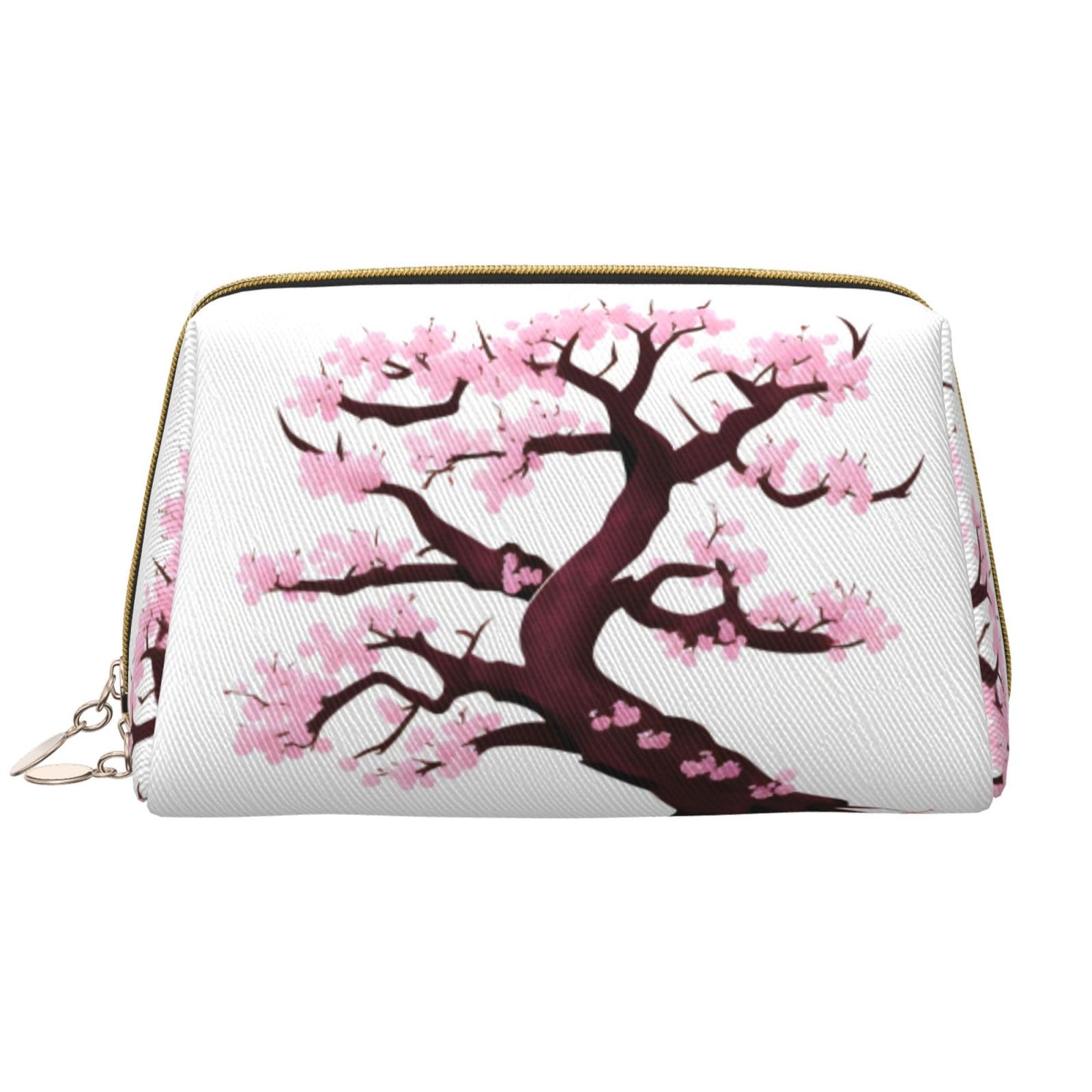 Cherry Blossoms Tree Leather Portable Large Makeup Bag, PVC Leather, Zipper Closure,Toiletry Bag Travel Bag, Travel Storage Bag, White, One Size