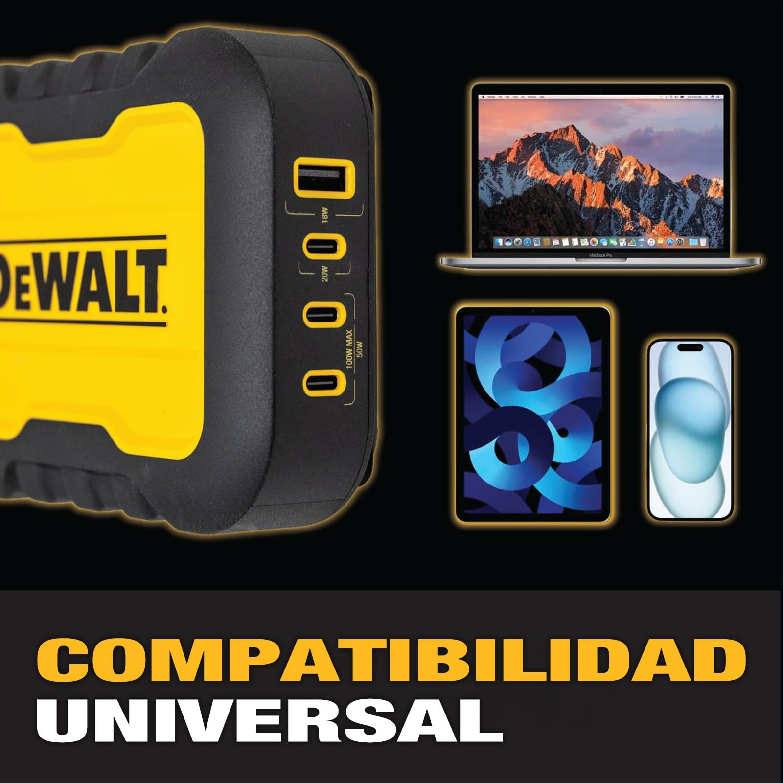 DEWALT Cargador USB-C 4 Puertos 100W, Estación de Carga USB-C con Power Sharing Inteligente y Cable 1,8 m, Carga 4 Dispositivos, Compatible con Baterías DEWALT 20V MAX y FLEXVOLT