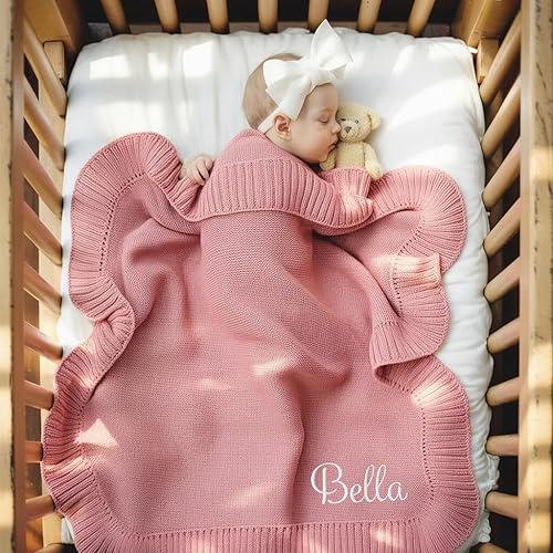 Miniatura 2 de Nonnie Manta de bebé personalizada con nombre  Manta de punto bordada personalizada con volantes para recién nacido, 30 x 40 pulgadas, regalo