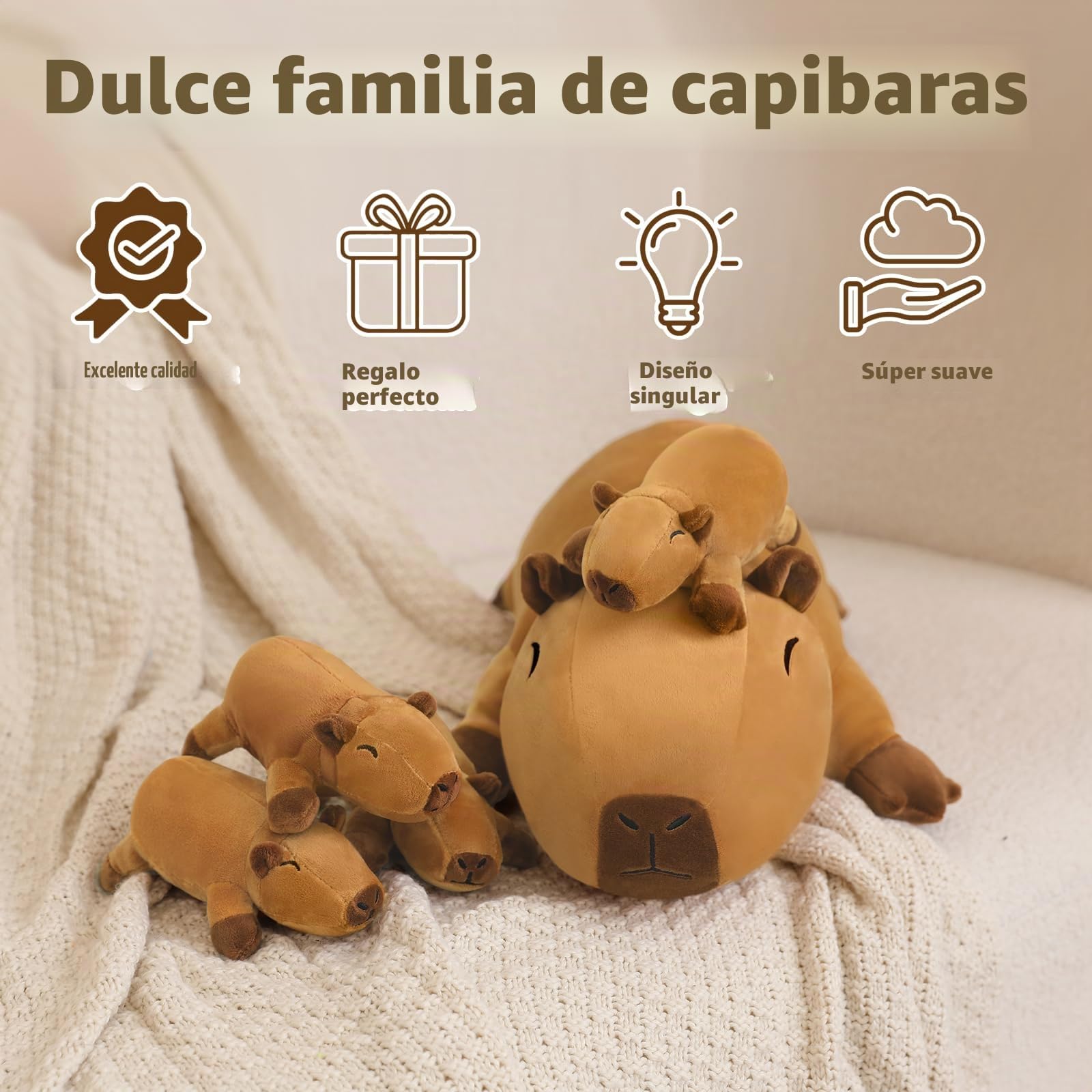 SQEQE Capybara de Peluche Animal de Peluche con 4 bebés, Lindos Animales de Peluche de Capybara Almohada de Peluche Suave Regalos de cumpleaños para niñas y niños