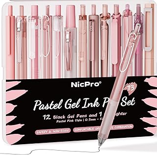 Nicpro 13PCS Pastel Gel Ink Pen Set with Case, Cute Retractable 0.5mm Fine Point 12PCS Black Ink Pens with 1 Highlighter, Aesthetic Pens for School, Student Note Taking,Writing, Office Supplies (Pink)