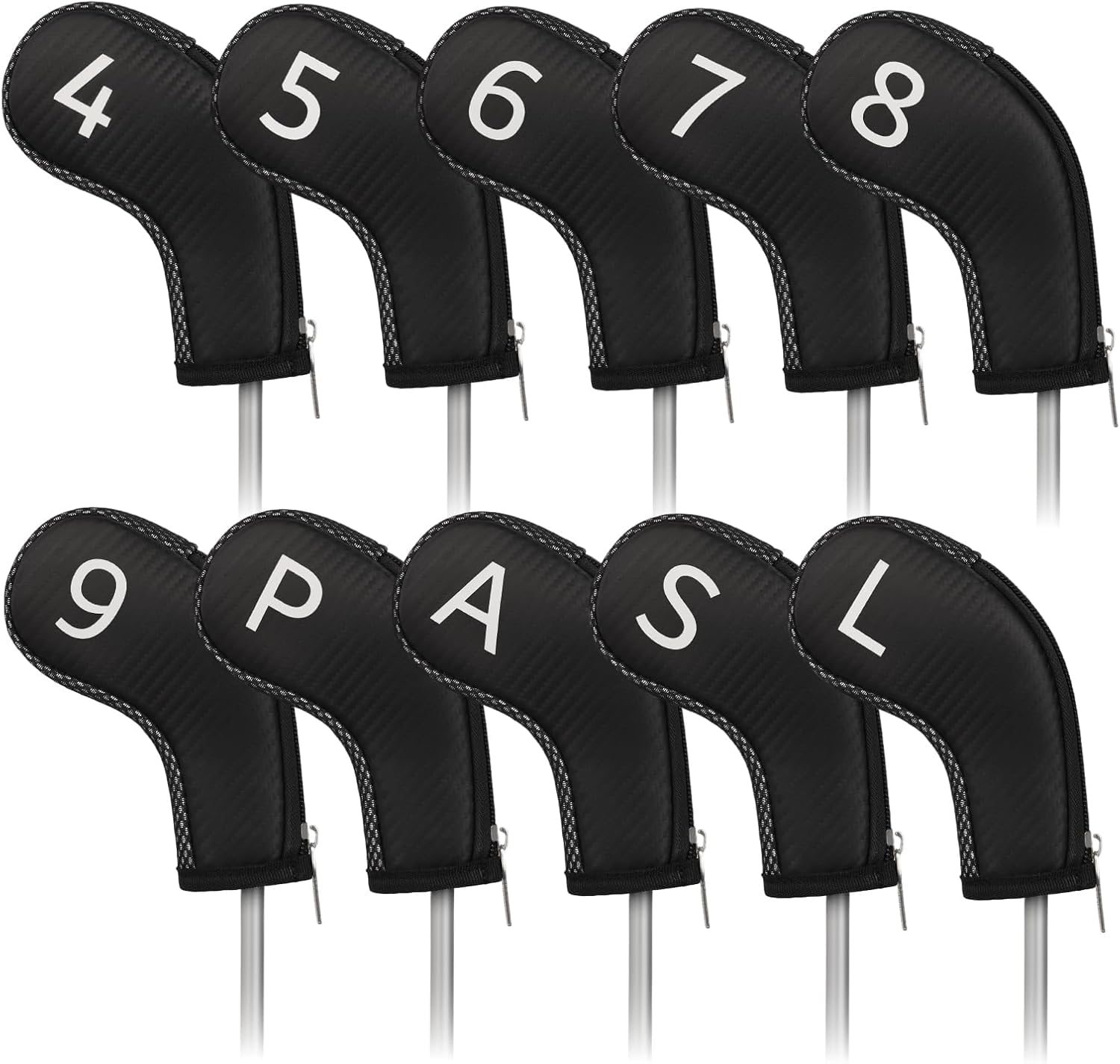 Craftsman Golf 10pcs /set (4,5,6,7,8,9,A,S,P,L) Synthetic Leather Black Iron Head Cover Headcover Set For Callaway Ping Zipper Closure with Large White No. on Both Sides