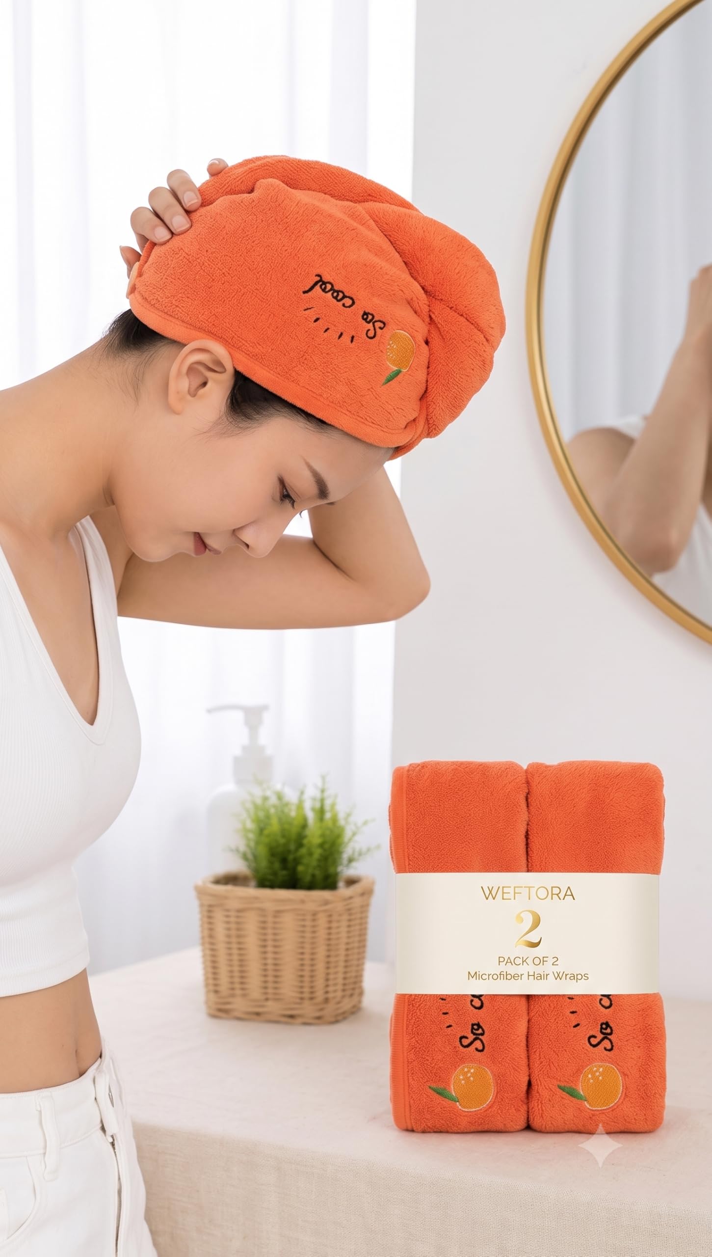 Microfiber Hair Towel Wrap for Women, 600 GSM, Pack of 2 | Ultra Absorbent, Quick Dry Hair Turban with Button Loop | Anti-Frizz Hair Drying Towel, Orange-image-23