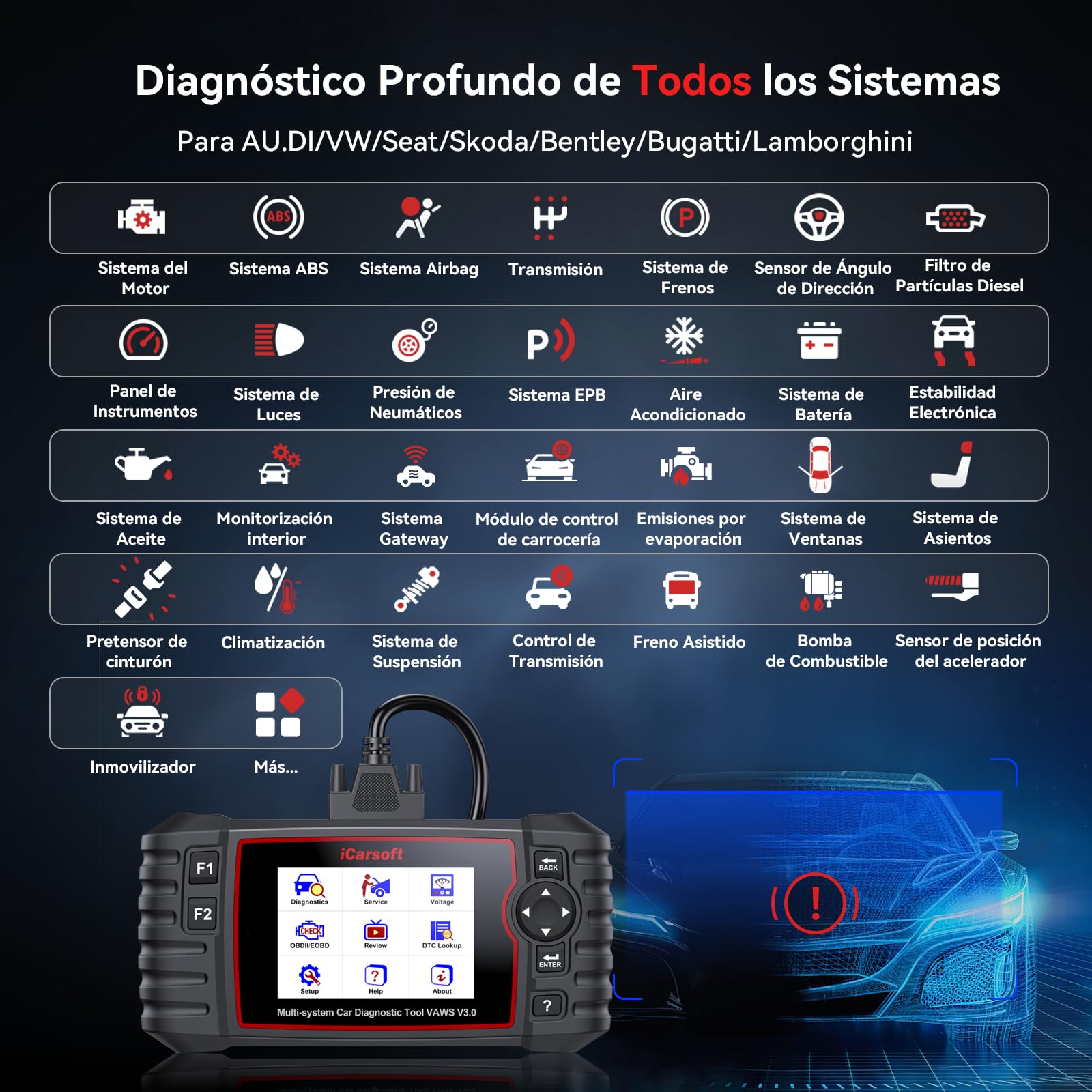 iCarsoft VAWS V3.0 OBD2 Máquina Diagnosis Coche para V.W/AU.DI/Skoda/Seat, Bidireccional Escáner de Todo el Sistema, 42 Funciones Reinicio, Prueba de Batería, Auto Vin, Actualizaciones de por Vida