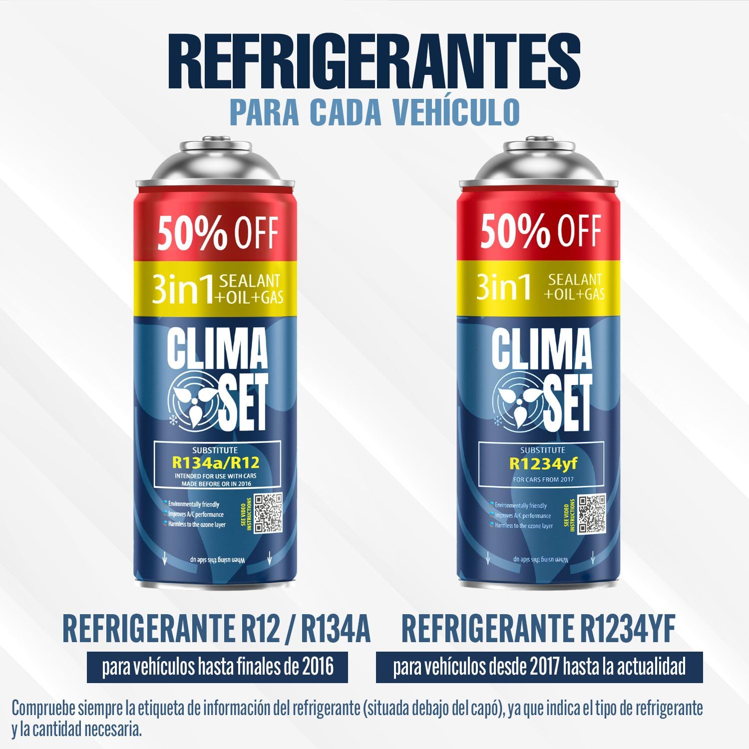 ClimaSet Recambio gas R1234yf 3in1 - Kit recarga aire acondicionado coche 2x235 g - Sustituto del refrigerante R1234yf - botella refrigerante coche - Gas aire acondicionado coche - ECO
