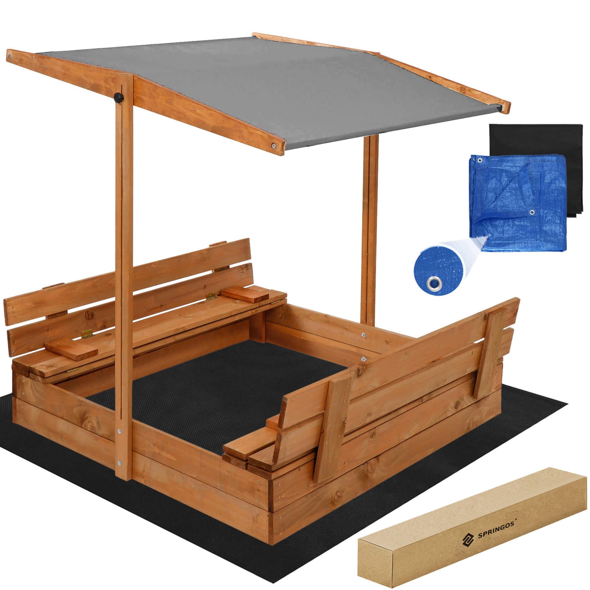 Bac à sable en bois 120 x 120 cm avec toit et couverture, bac à sable pour enfants, bac à sable de jardin en bois de conifère imprégné, toit pare-soleil réglable, pliable, marron, gris SPRINGOS