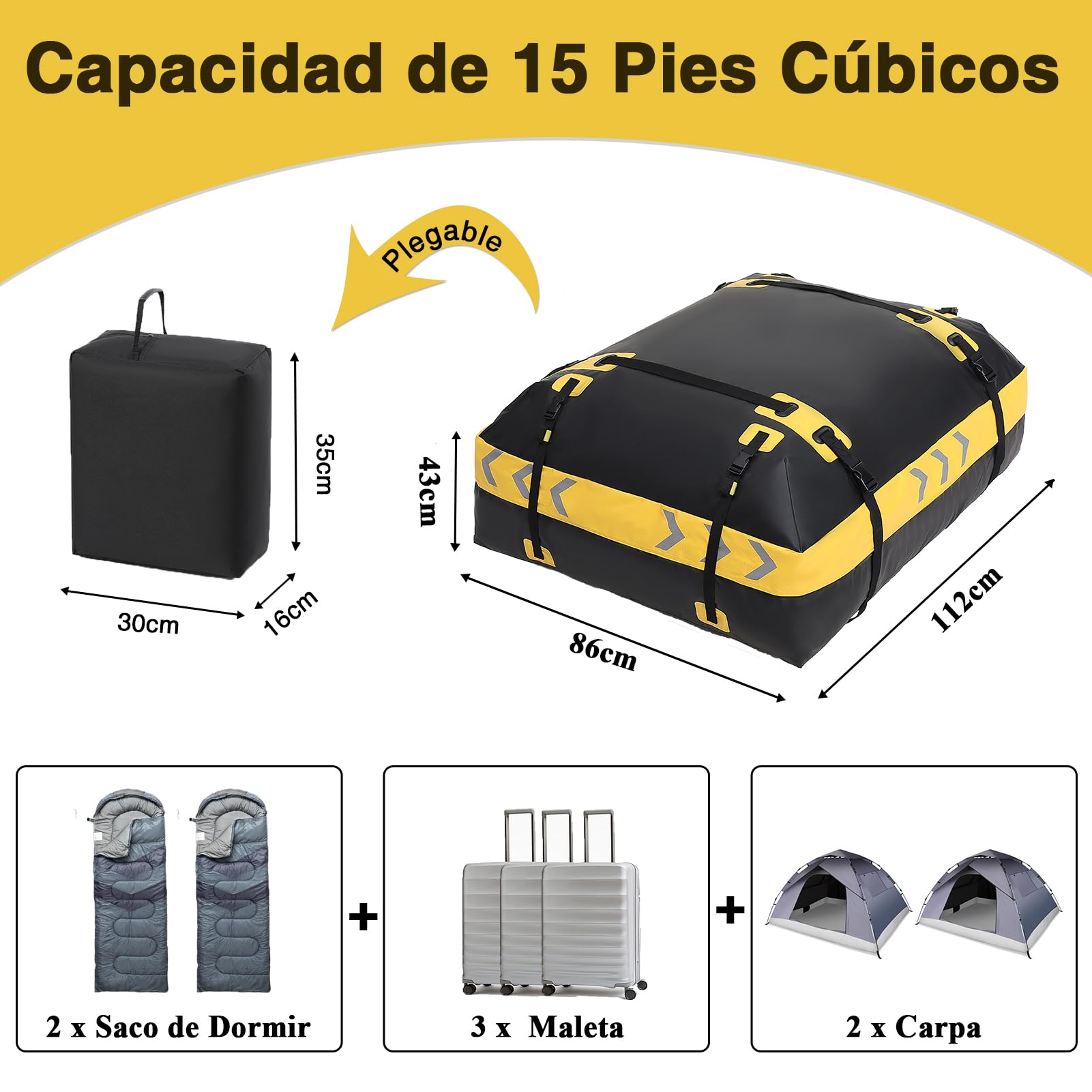 JOBYNA Bolsa de Techo, 15 Pies Cúbicos/ 425L Cofre de Techo Impermeabl para Coches con/Sin Portaequipajes, Incluye Alfombrilla Antideslizante + 6 Ganchos + Candado