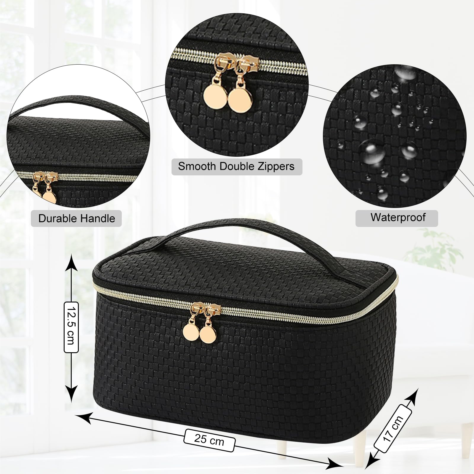 Neceser Maquillaje,Neceser Mujer Grande Viaje con Porta Brochas,Impermeable Bolsa de Maquillaje Organizador con Compartimento (Negro Elegante)