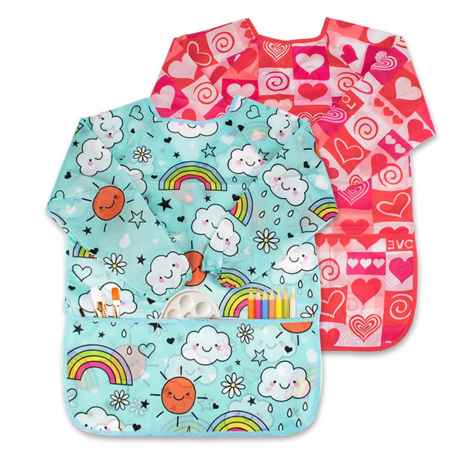 Kids Painting Apron, 2 Pack Kids Art Smocks, Toddler Smock, Waterproof Artist Painting Aprons for Children, with Long Sleeve and 3 Pockets for Age2-8 Years