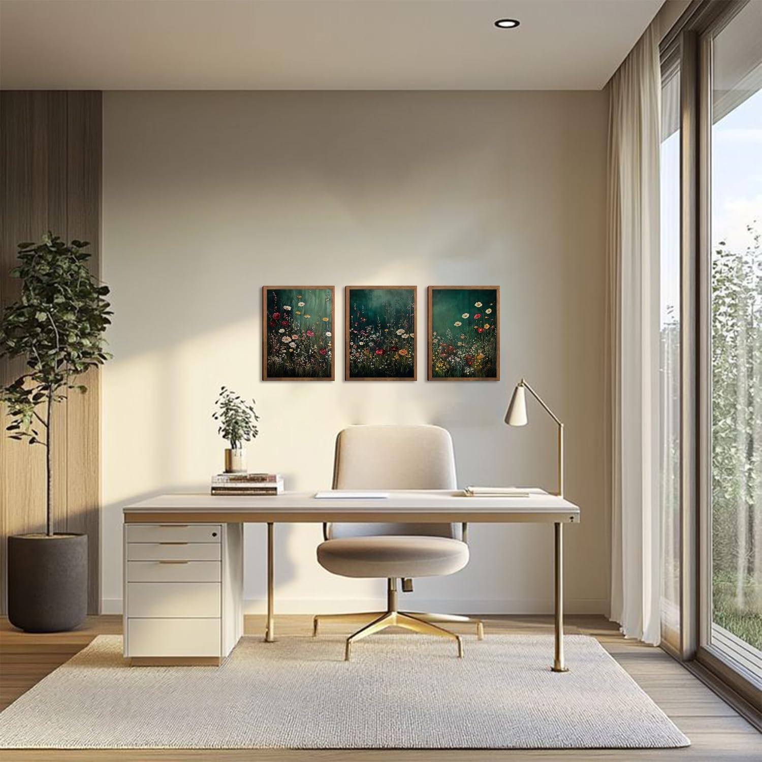 Vintage Wildflower Wall Art Set of 3, Dark Green Flower plant Canvas Prints Wall Decor, Gothic dark style pastoral landscape painting for Living Room Bedroom Farmhouse Home Decor 16x24in Wood Framed