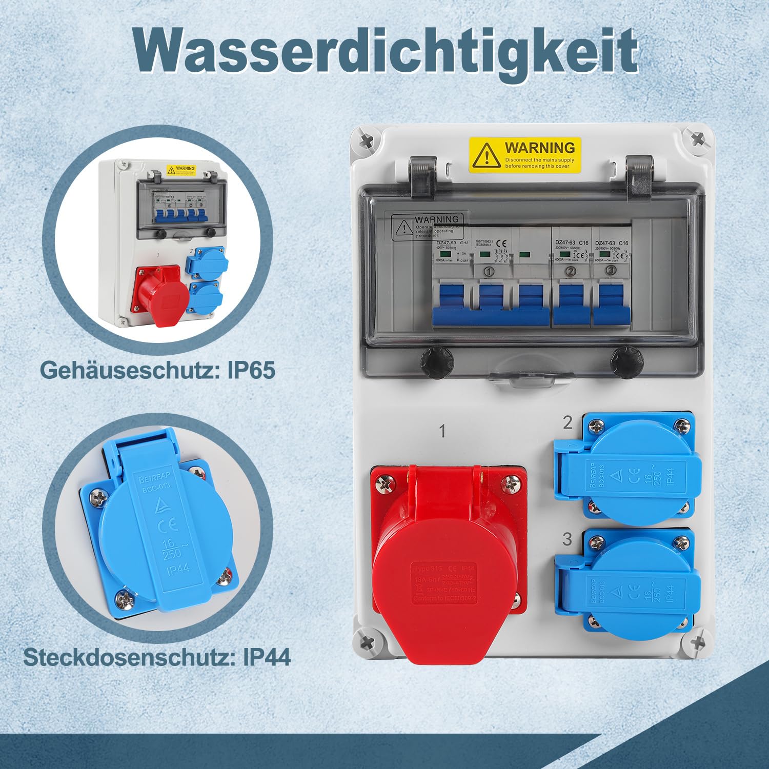 Stromverteiler 16A Industrie IP65 Wandverteiler mit 2x Schuko und CEE 16A 5-polig, mehrfach abgesichert mit LS-Schaltern, robuster Baustromverteiler für Gewerbe und Außenmontage