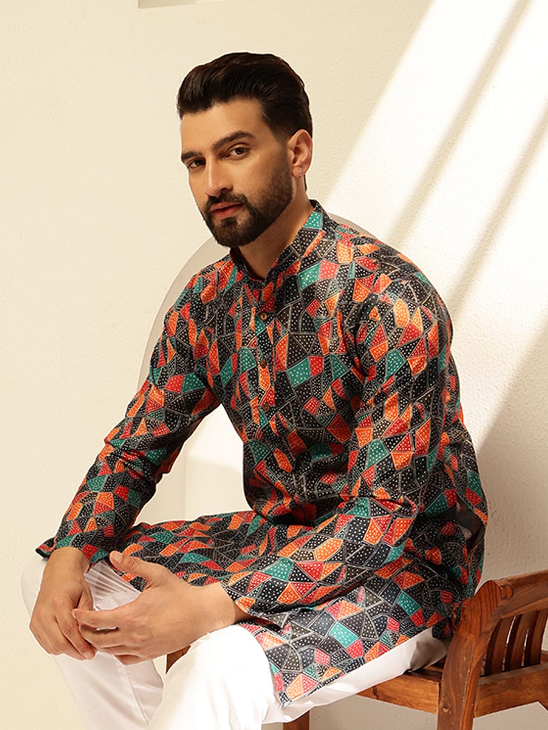 Sojanya (Since 1958 Men's Cotton Linen Abstract Print Multicolor Kurta With White Pyjama