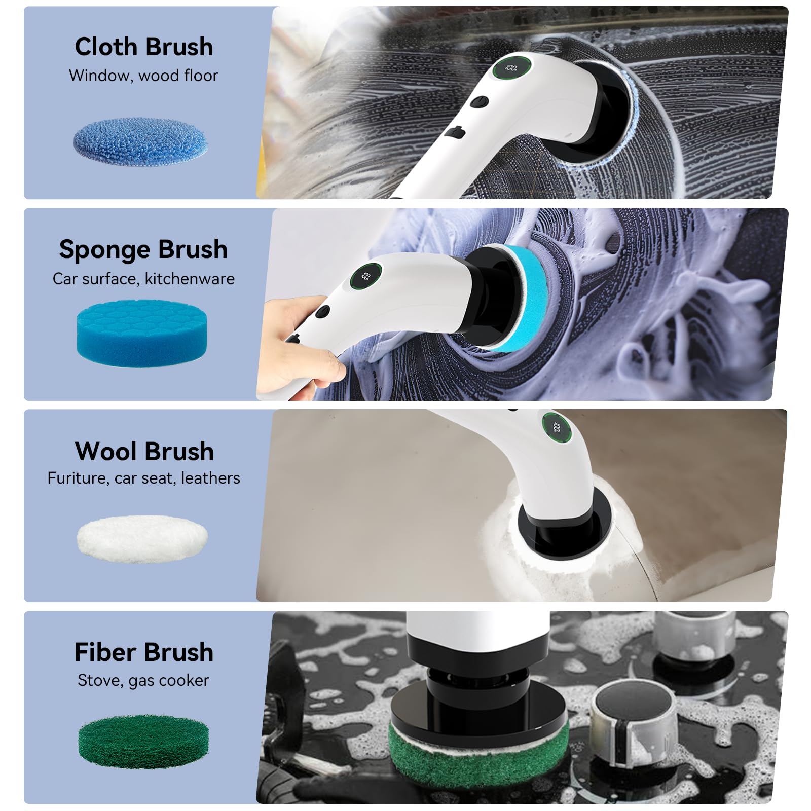 Condition photo showing New/Like New for electric bathroom cleaning brush, cordless spin scrubber full body waterproof ipx7 with adjustable handle, 8 replaceable brush heads for bathtub/kitchen/window/home -sd-ctb01