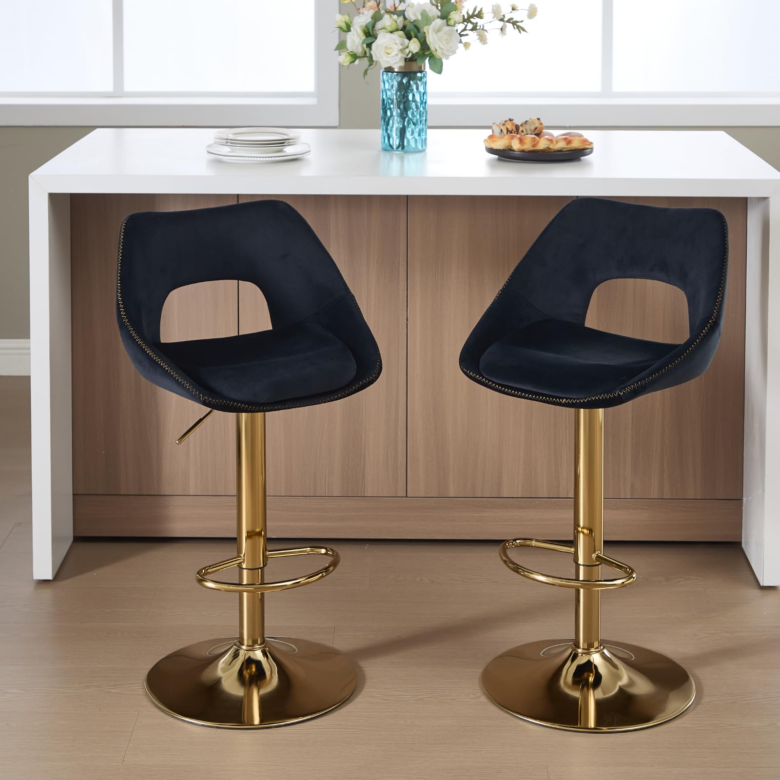 DAYALANE 2PCS Swivel Adjustable Bar Stools with Open Curved Back, Black