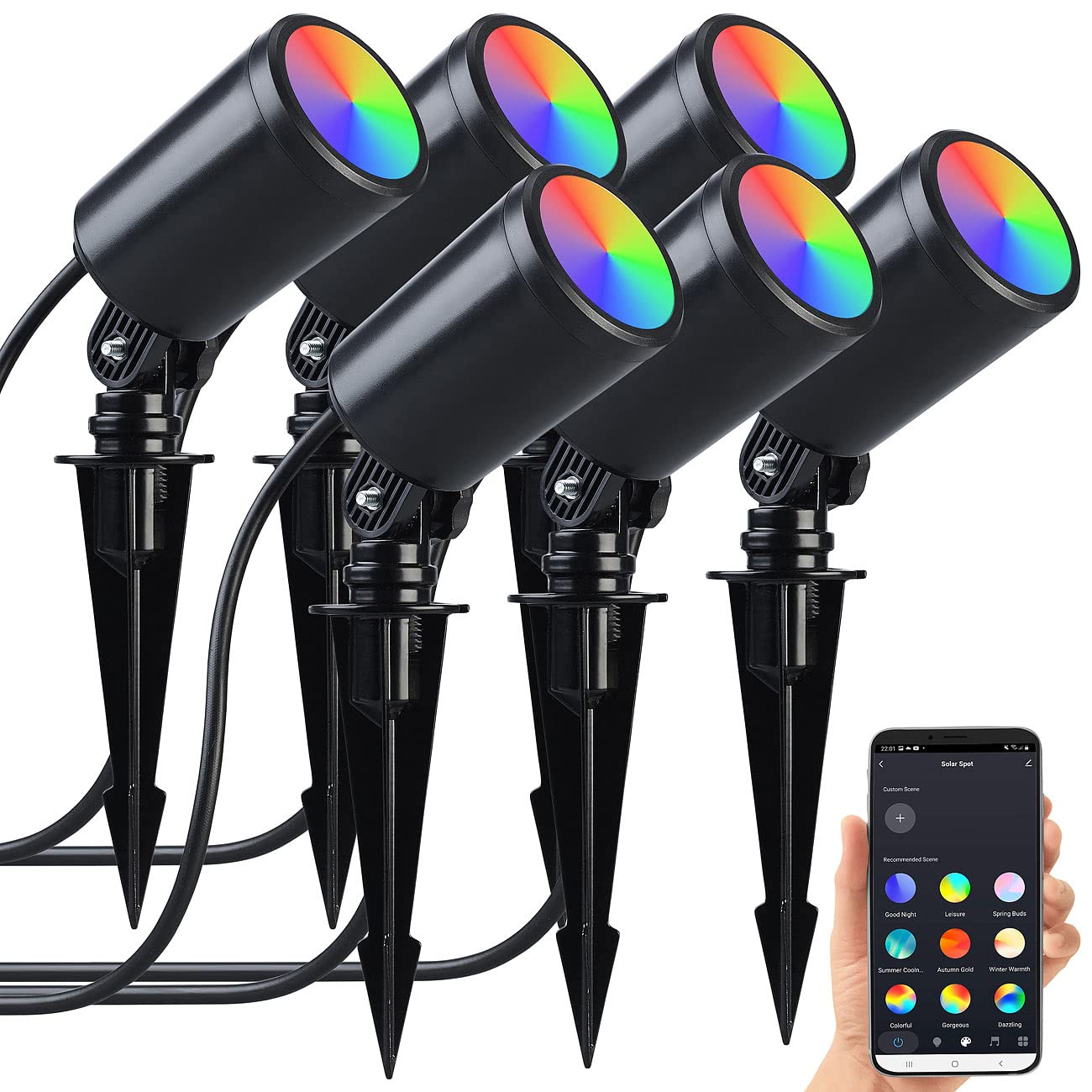 Luminea Home Control Gartenspots: 2x 3er-Set WLAN-Gartenstrahler, dimmbar, RGB & CCT, je 520 lm, App (LED-Gartenstrahler RGB, LED-Erdspießstrahler, Pflanzenlicht)