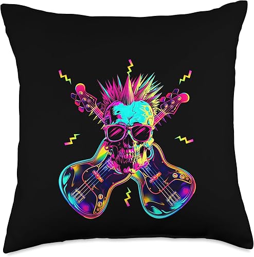 Streetwear Synthwave 80s 90s skull rock music bass guitar Throw Pillow