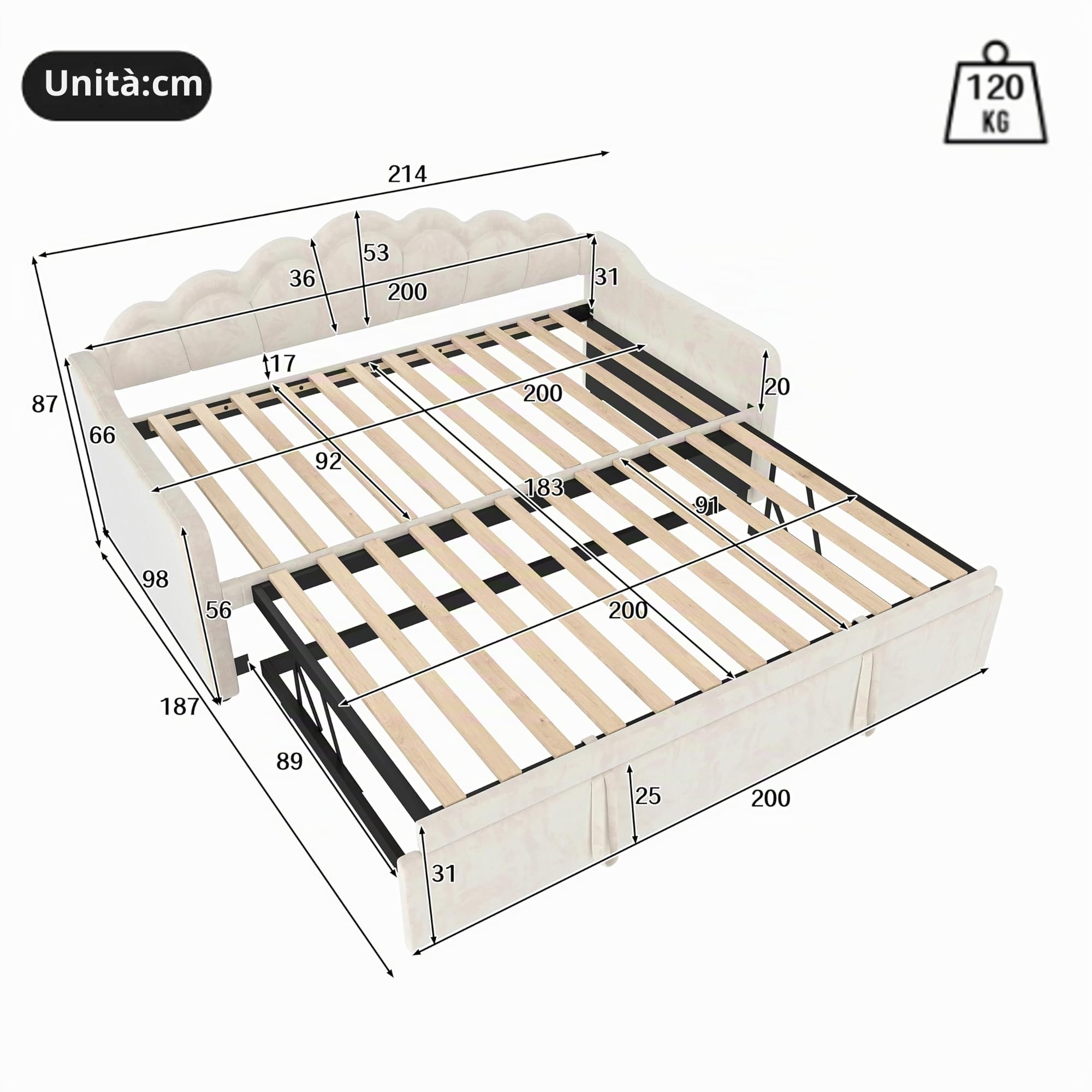 Soweiz - Divano letto con letto estraibile, letto singolo (senza materasso), letto matrimoniale, in velluto, con striscia LED che cambia colore, 90x200 cm (180x200 cm) (Beige)