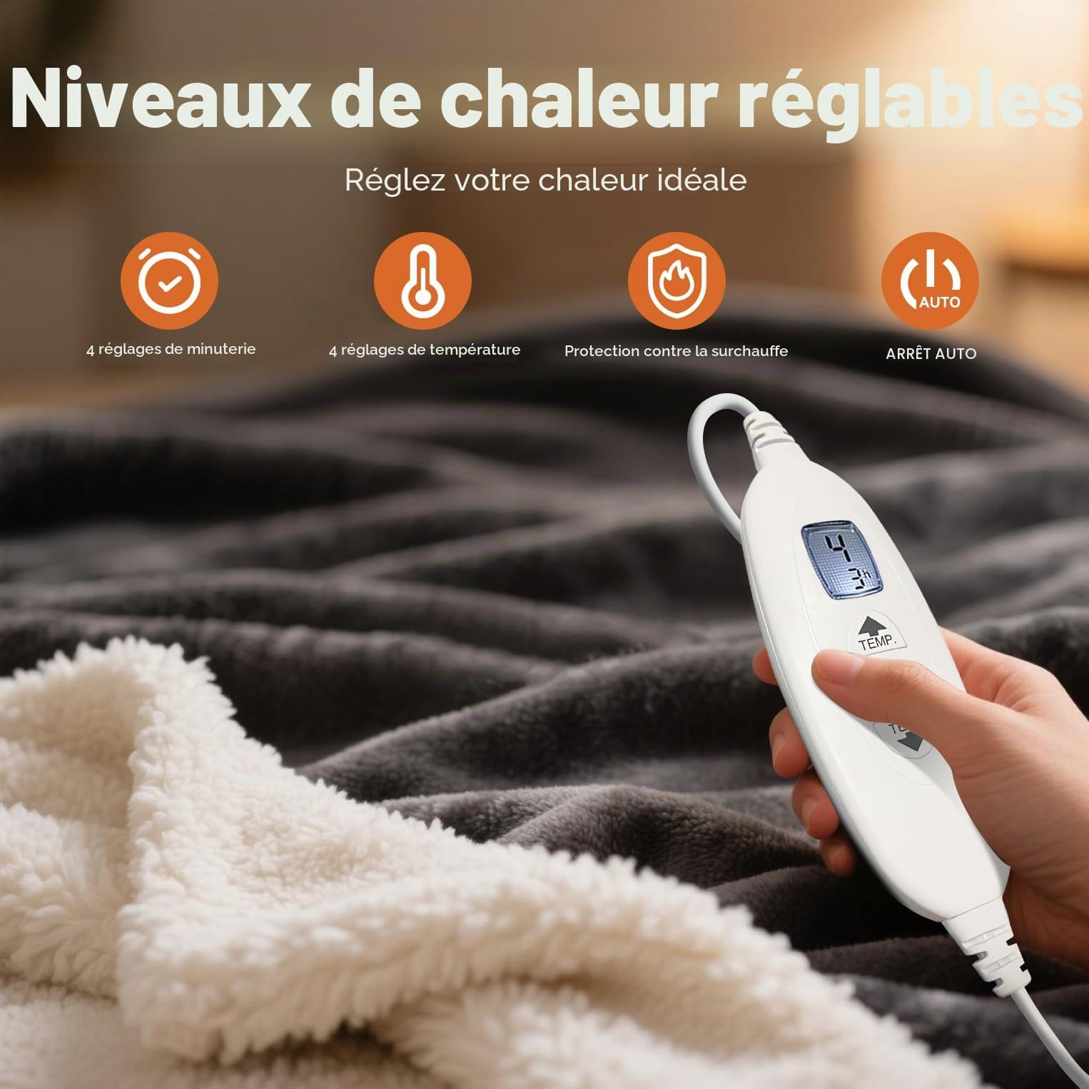 Couverture chauffante électrique 2025 améliorée – Couverture électrique en flanelle douce, avec 4 niveaux de chaleur et 1 à 4 heures d'arrêt automatique, lavable en machine (120 x 160 cm