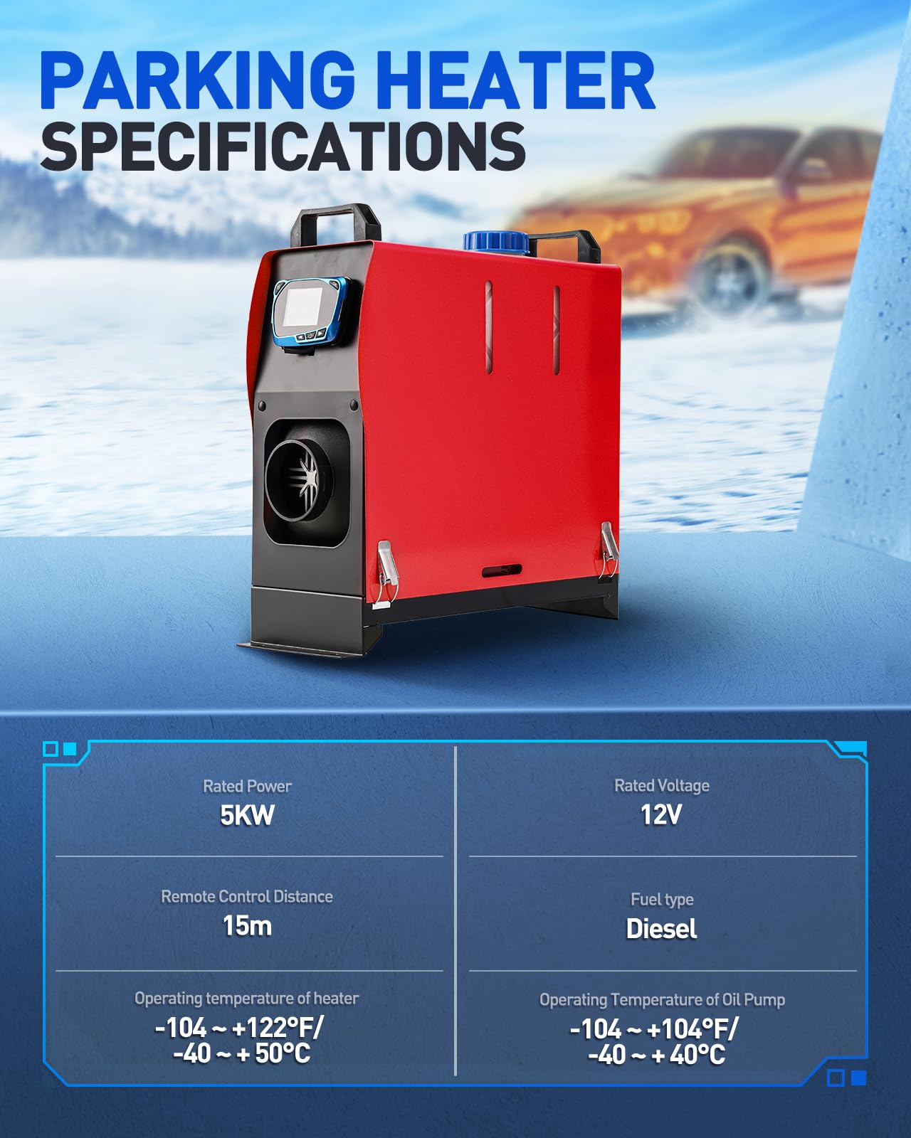 Calentador de Aire diésel de un Solo Orificio, Todo en uno, de 12 V y 5 kW, con Pantalla LCD Inteligente para Garaje, caravanas, autocaravanas, Camiones, remolques y Barcos (Rojo).