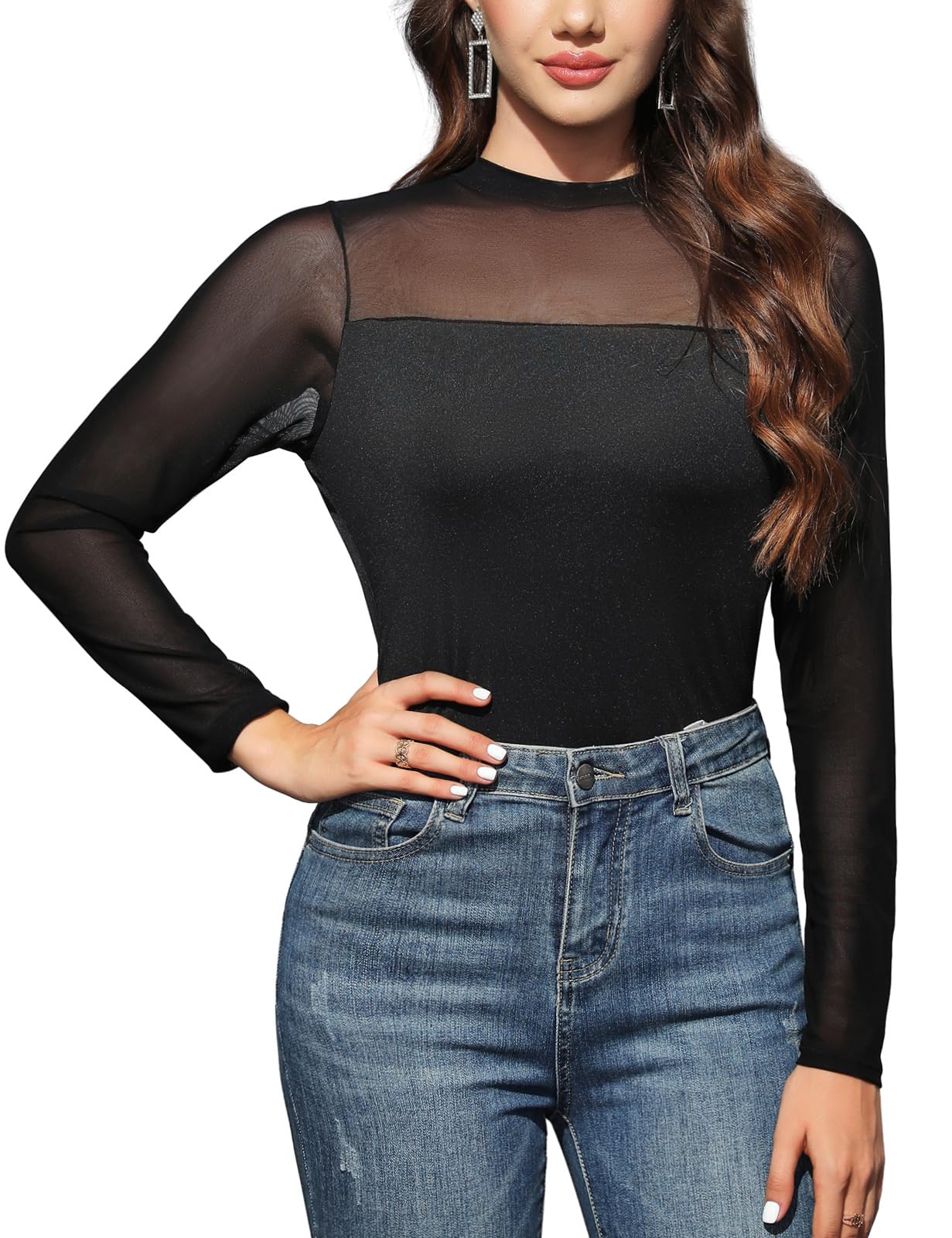 CMTOP Camiseta Transparente Mujer Blusa Manga Larga Elegante Top con Cuello Redondo Casual