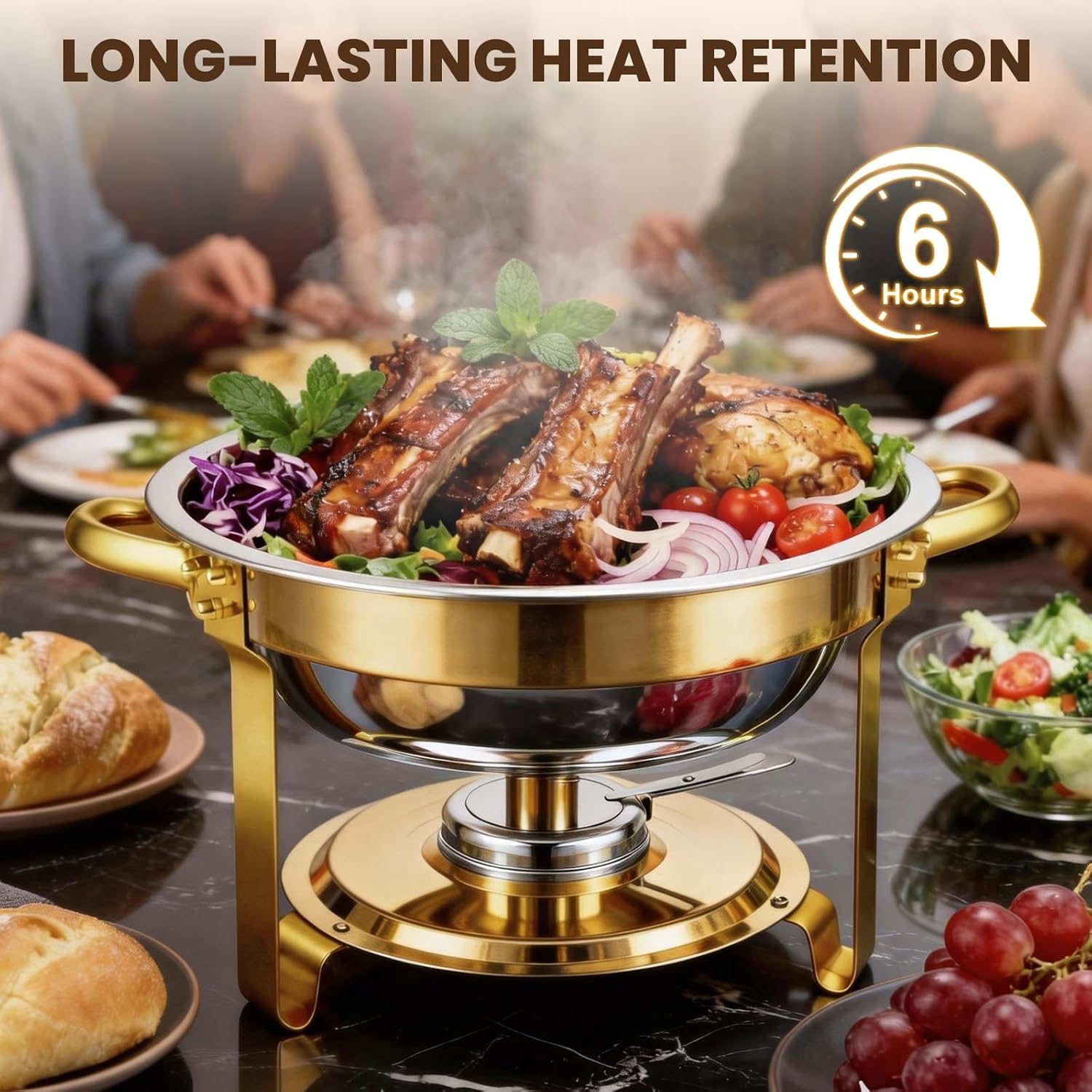 POWERFUEL Chafing Dishes for Buffet 6QT, 2 Pack Stainless Steel Full Size Chafing Dishes Set with Chafing Pans, 2 Gold Tongs, Glass Lid, Stand, Furel Cans, Food Warmer for Parties, Catering, Weddings