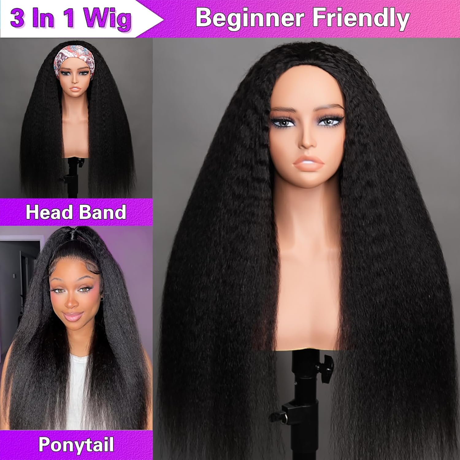 Kinky Straight Half Wig Human Hair 200 Density Drawstring Wear Go Glueless Wigs Human Hair for Black Women 26 Inch 3 In 1 Seamless Flip Wig Invisible Hairline 3 Seconds to Wear Beginner Friendly