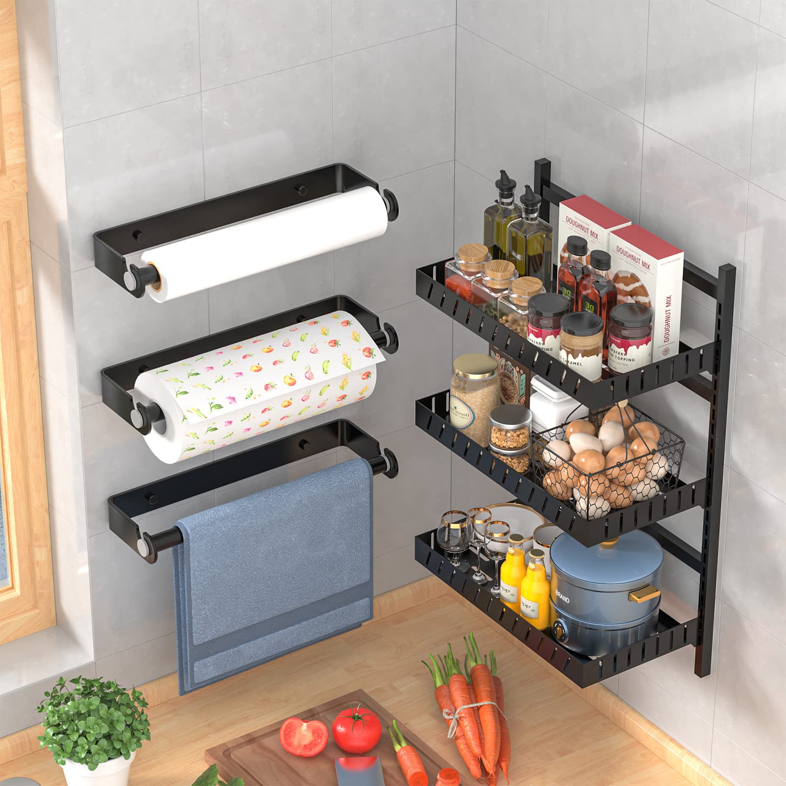 Under Cabinet Paper Towel Holder - Wall Mount Self-Adhesive Or Screw Mount, Black Aluminum