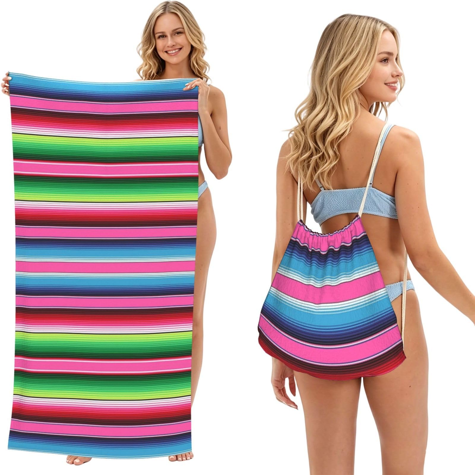 Poadnly As Picture Colorful Mexican Blanket Stripes, 2 In 1 Packable Towel Bag, Beach Towels With Drawstring Backpack For Travel Holiday Camping