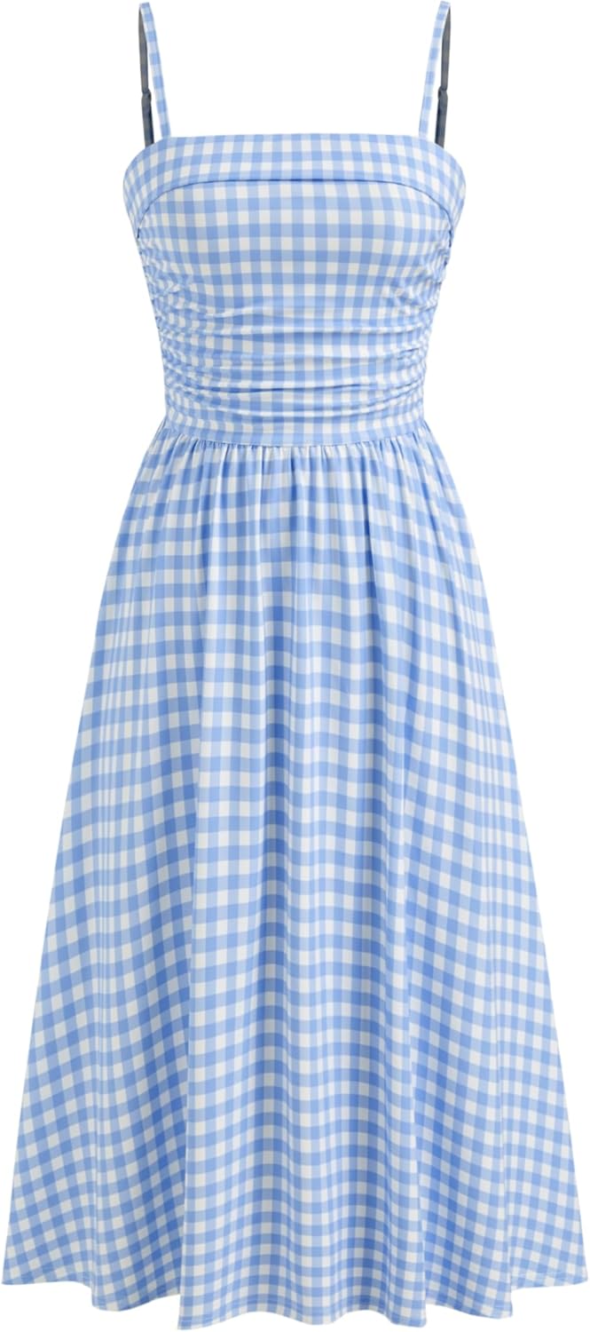 CIDER Womens Summer Gingham Midi Dress Sleeveless Ruched Plaid