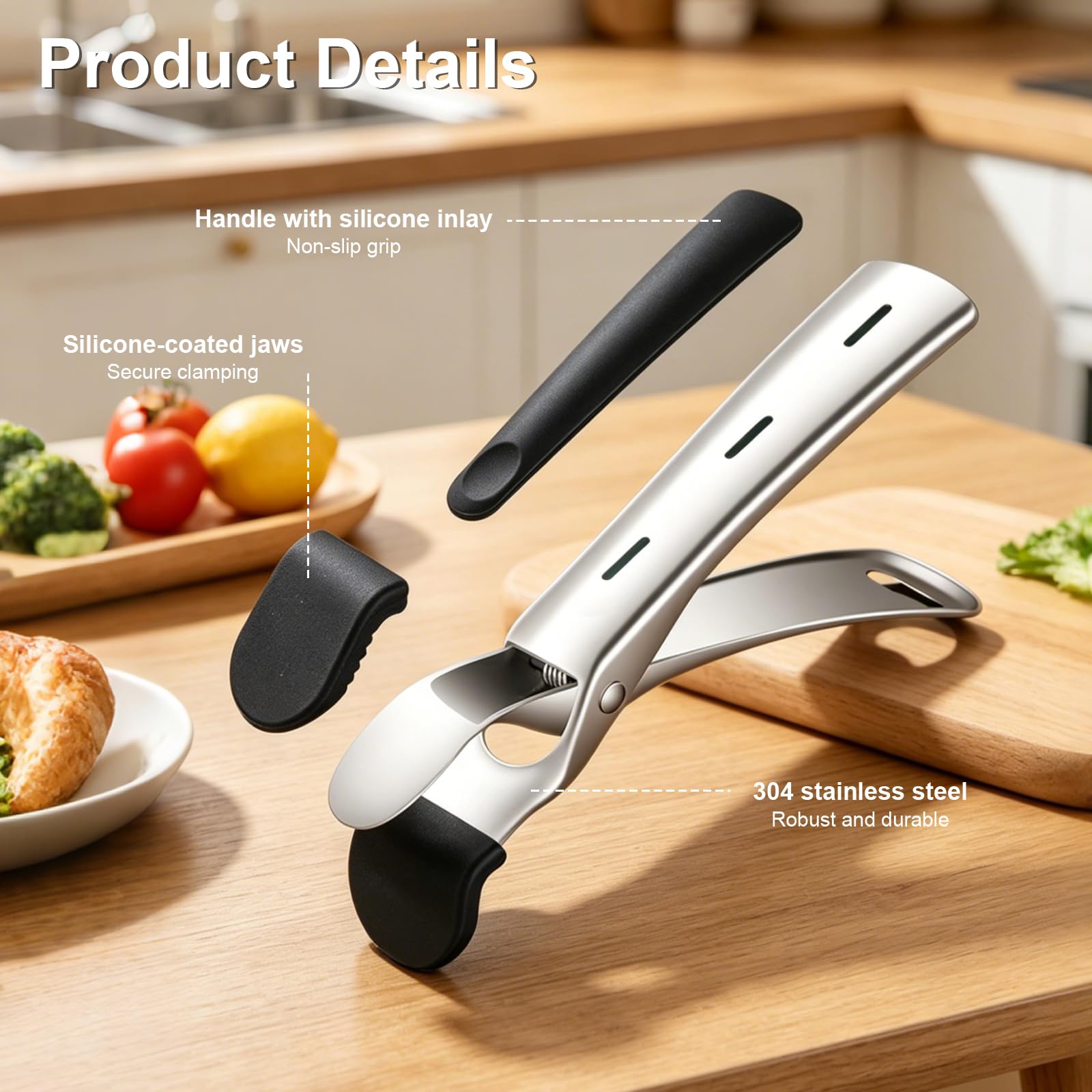 Pinza da Cucina in Acciaio Inox, Pinza Anti-Scaldature con Testa Larga in Silicone a Texture Ondulata, per Togliere Ciotole e Piatti Caldi dal Forno e Friggitrice ad Aria