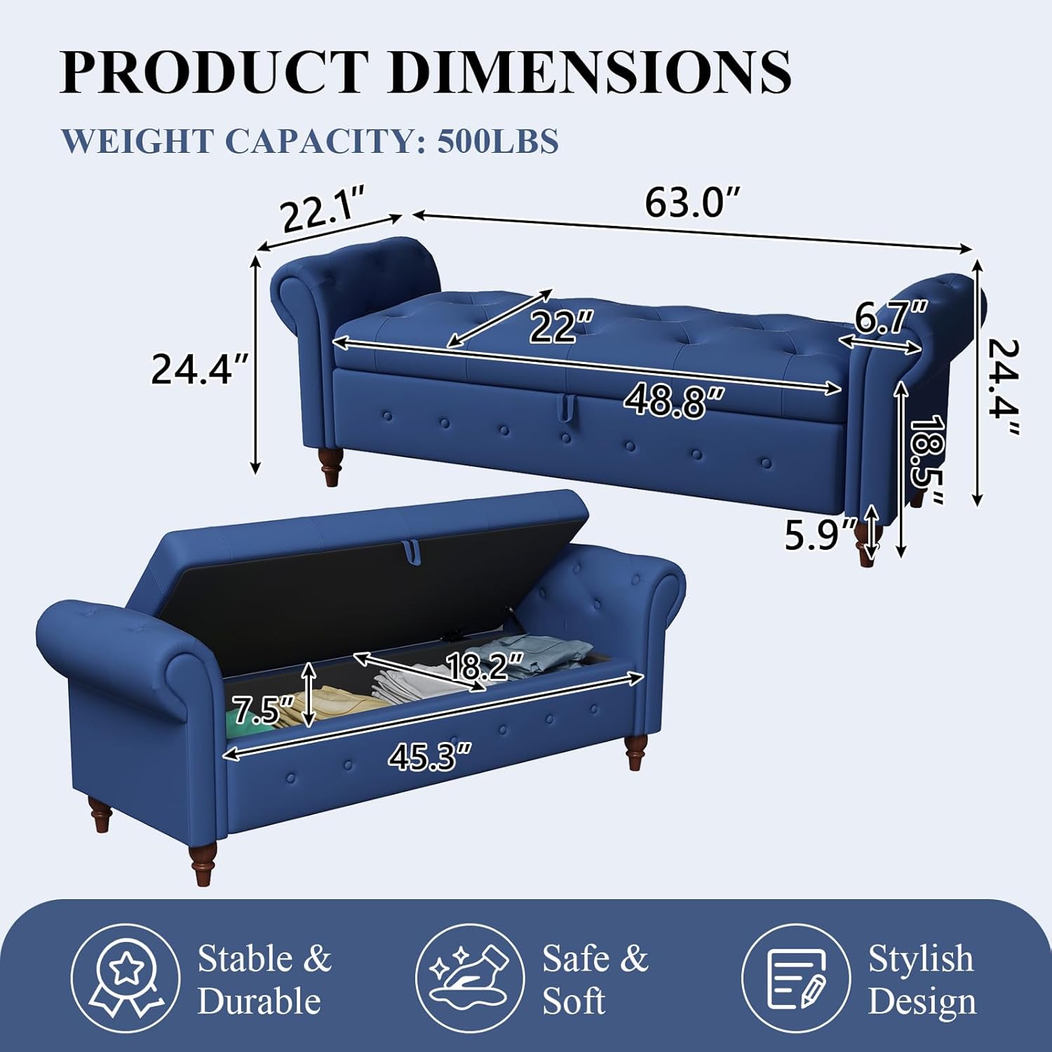 Modern 63'' Storage Ottoman Bench, Upholstered End Bed Bench with Curved Armrest, Button Tufted Entryway Bench with Wood Legs, Bed Bench for Bedroom, Living Room, Hallway (Navy Blue)