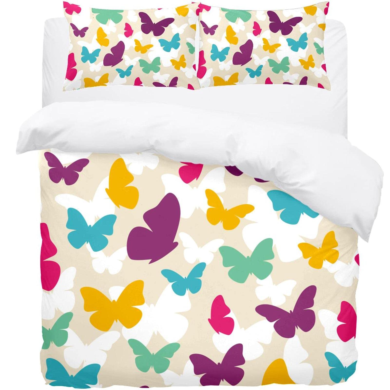 Housse de couette douce motif papillons colorés avec taies d'oreiller linge de lit