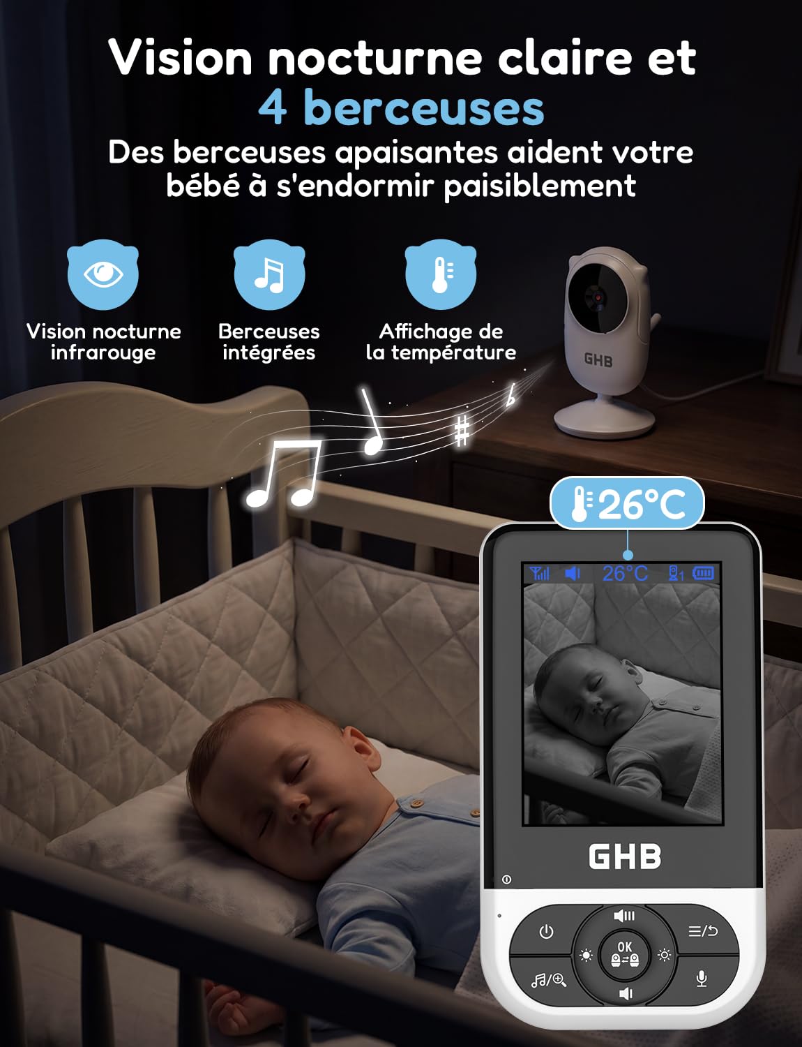 GHB Babyphone Camera Bebe Surveillance sans WiFi VOX Vision Nocturne Noir